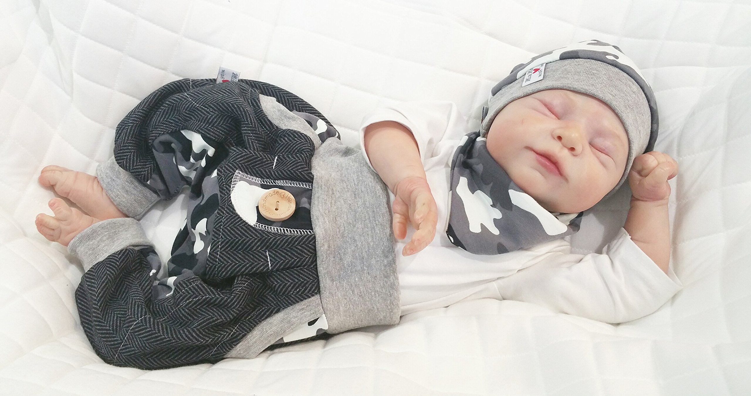 Atelier MiaMia - Pumphose oder als Set Baby Kind von 50, 56, 62, 68, 74, 80, 86, 92, 98 Designer Babyhose Limitiert !! Mitwachshose Tarnfarbe grau/weiß