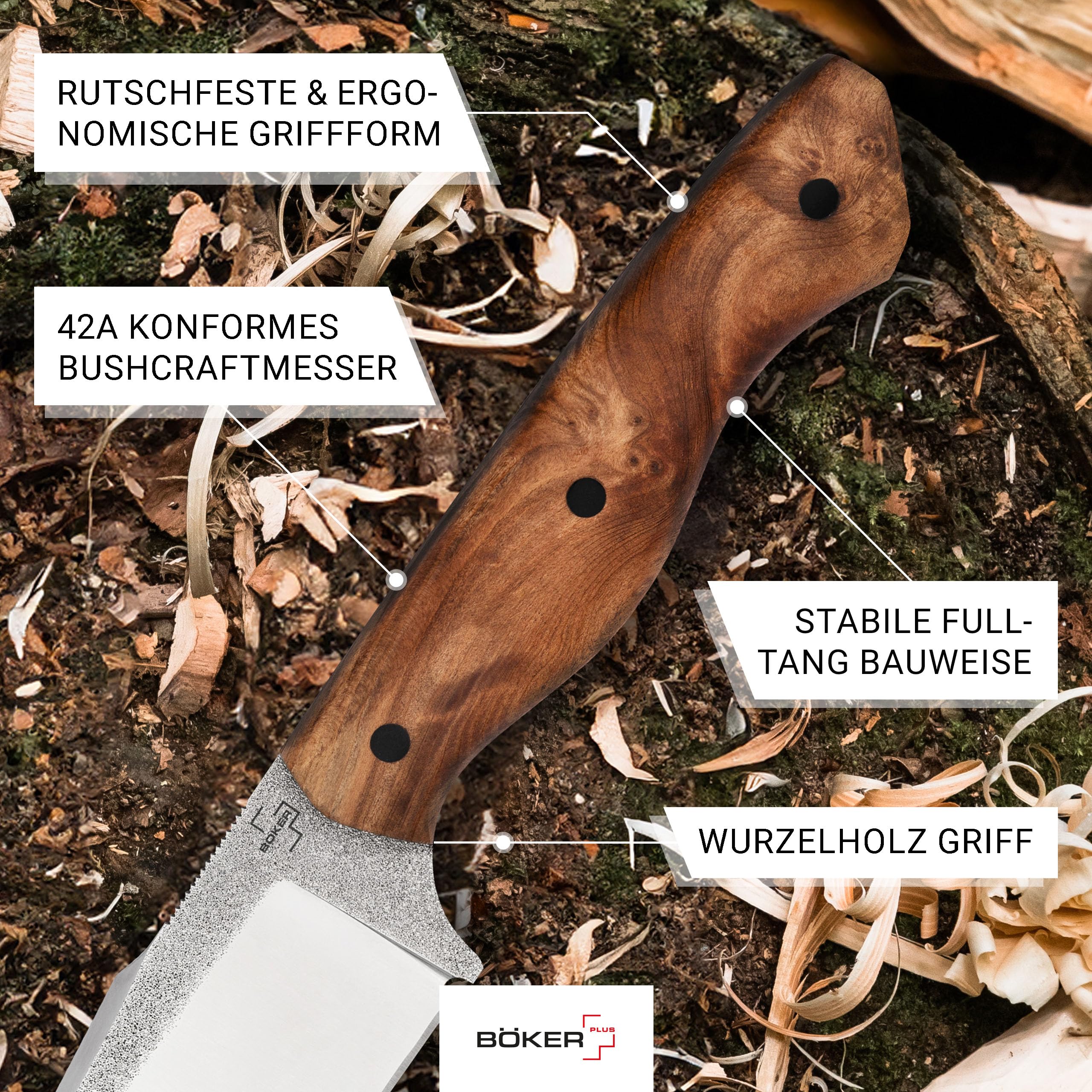BÖKER PLUS® Overnighter - Bushcraft-Messer feststehend mit Holz-Griff - EDC Fulltang Jagdmesser mit 11,7 cm Clippoint Klinge - Outdoormesser mit Leder-Scheide - Pfadfinder Fahrtenmesser 42a konform