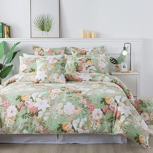 FADFAY Juego de funda de edredón floral verde menta, 100% algodón, ropa de cama elegante con estampado de lirio, funda de cama botánica, ropa de