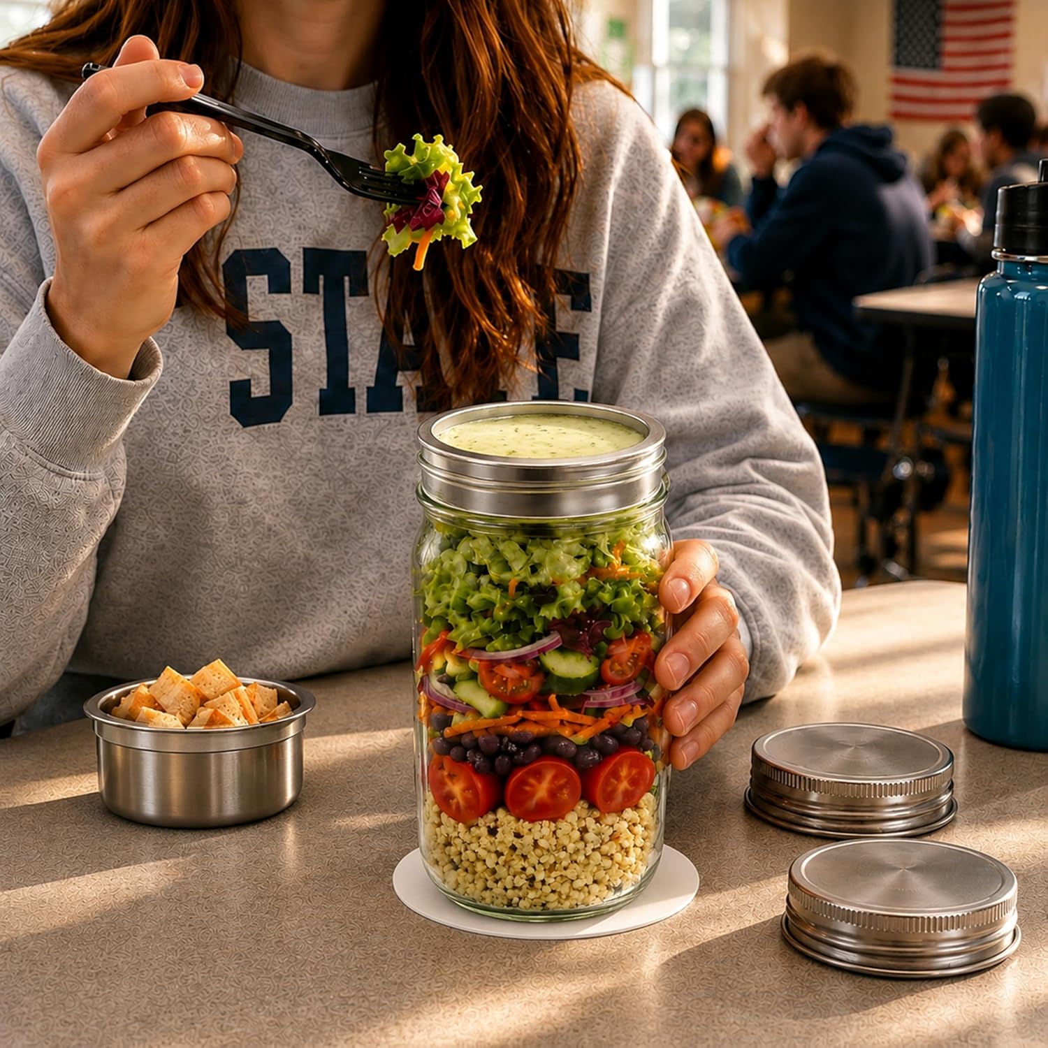 Mason Jar Salad Dressing Insert Divider Cup 2 Pack for 3.38 in (86 mm) Wide Mouth, Stainless Steel Meal Prep Separator with Non-Slip Grip Pad Jar Opener for Salads, Dips & Snacks, Jar Not Included