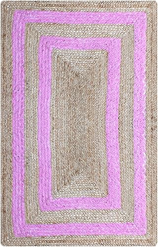 Collection - Alfombra rectangular de 2 x 3 pies, alfombra trenzada de yute rosa, alfombra geométrica kilim para interiores y exteriores, alfombra de