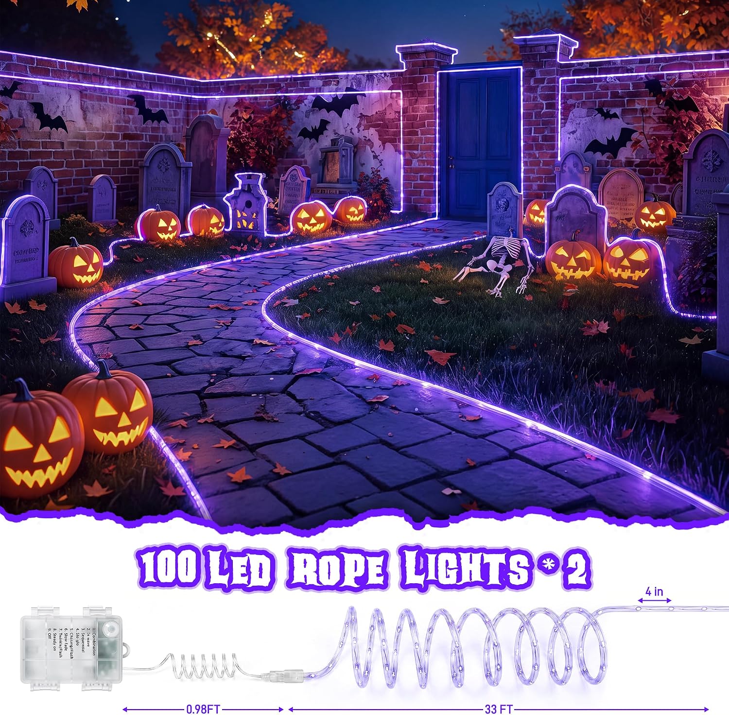 2 Pack Battery Operated Purple Rope Lights ,Halloween String Lights 200 LED