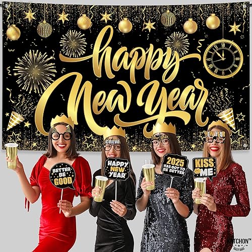 Miniatura 6 de KatchOn, Suministros para fiesta de Año Nuevo 2024, juego de 48  Cartel de feliz año nuevo negro y dorado, accesorios para fotos de Año Nuevo,