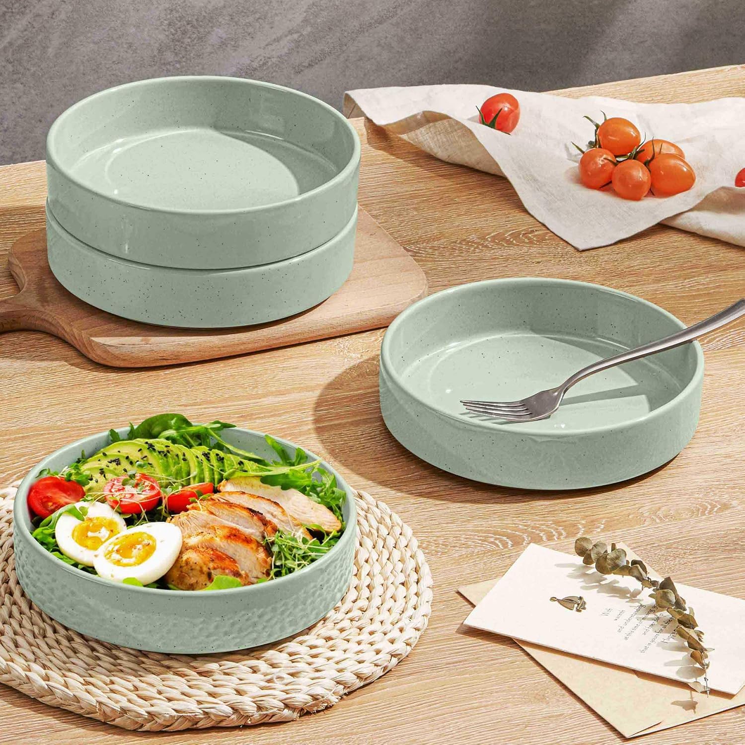 Herogo Pasta Bowls Set of 4, 35oz Shallow Stoneware Salad Bowls, Large Serving Pasta Plates for Kitchen, Microwave & Dishwasher Safe, Speckled Light Green