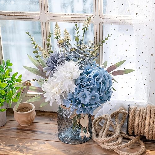 Miniatura 9 de LUEUR Flores falsas con jarrón, rosas de seda azules en jarrón, arreglo de flores de seda con jarrón adecuado para decoración del hogar, oficina,