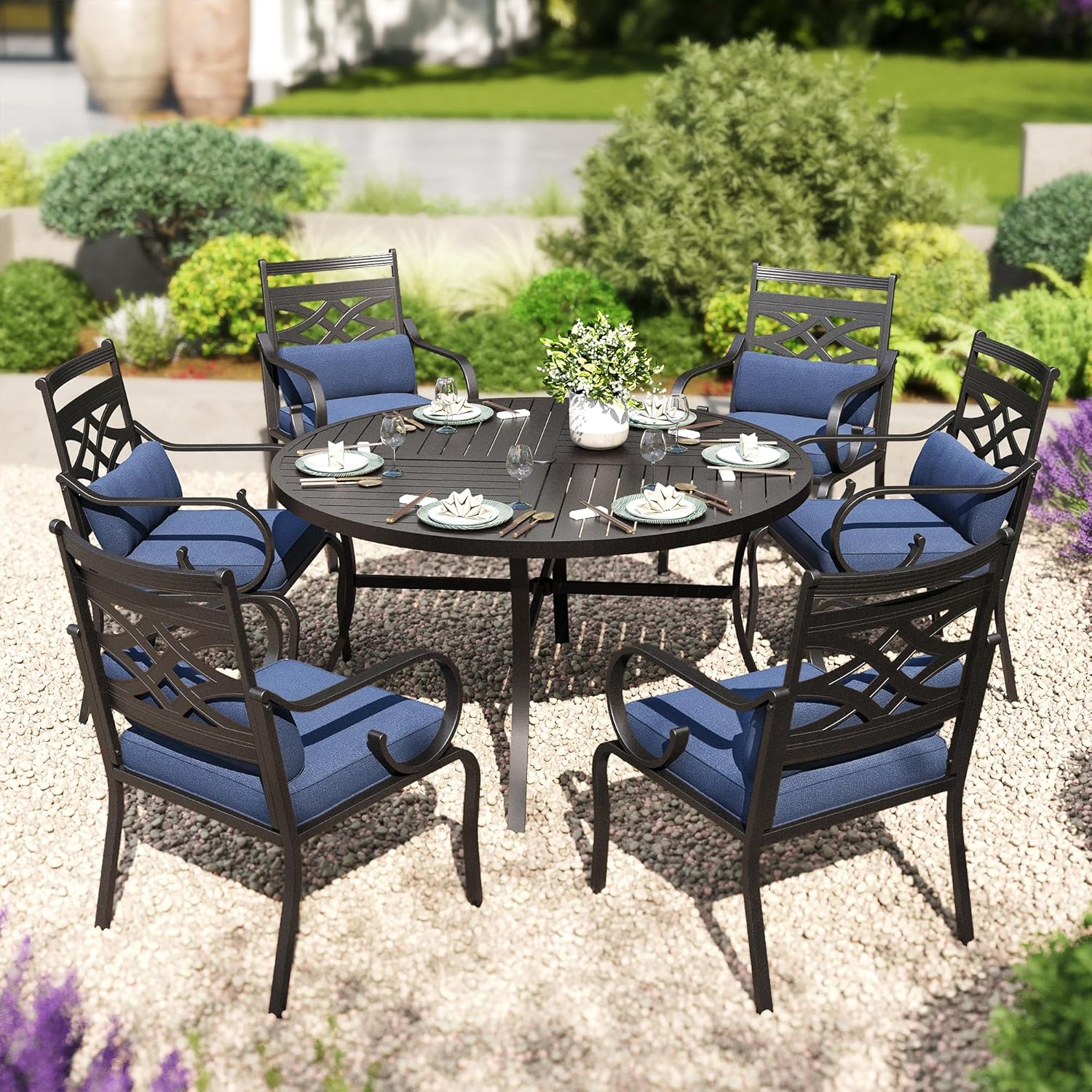 PHI VILLA 7 Pieces Outdoor Dining Set for 6, 54" Round Black Metal Table with Umbrella Hole & Wrought Iron Chairs, Large Outside Furniture with Blue Cushions & Pillows for Patio, Deck, Porch