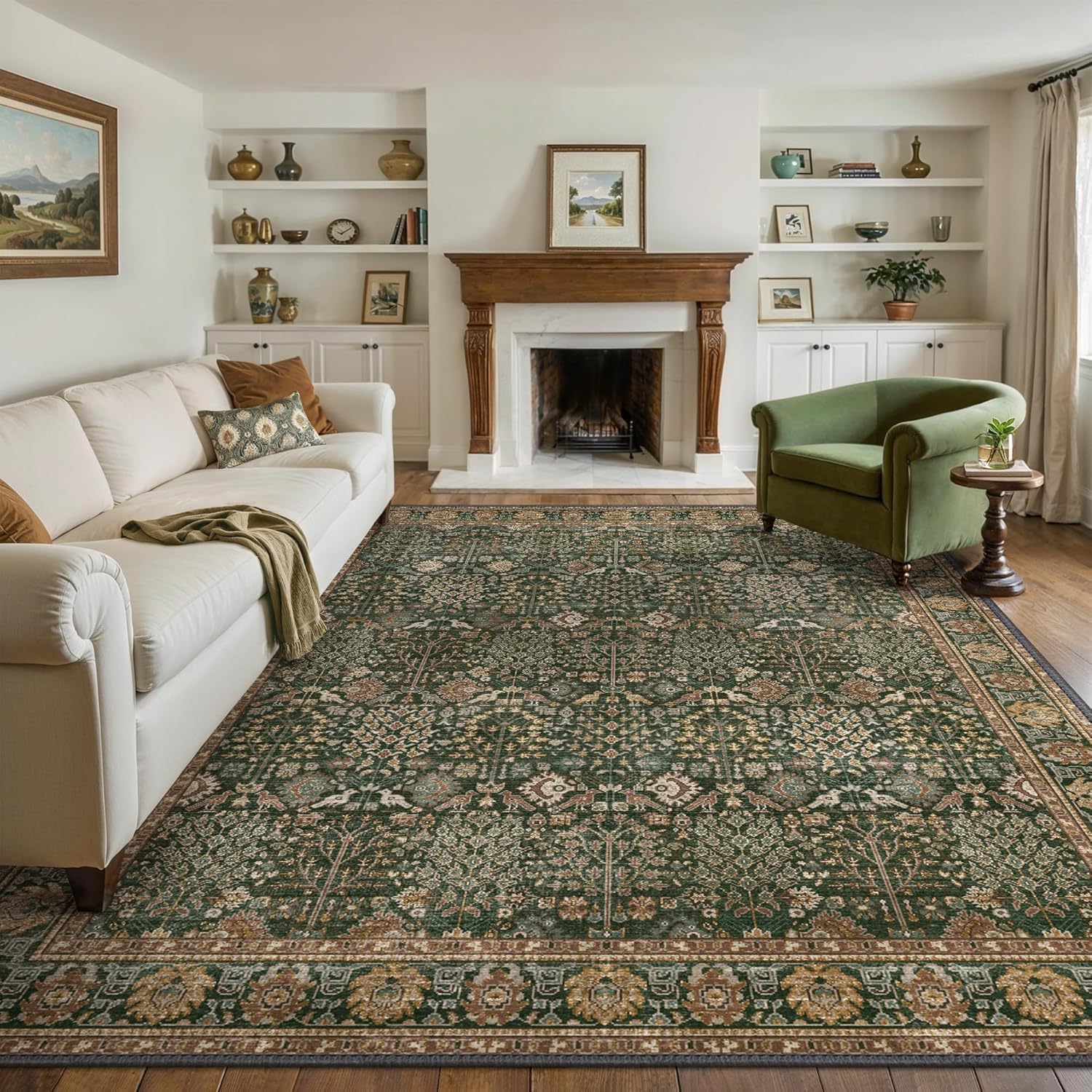 Bavni Washable Rugs 8x10-Machine Washable Rug Lightweight Low Pile, Vintage Floral Rug Non-Shedding Distressed Throw Carpet for Living Room Bedroom Office, Dark Green/Multi