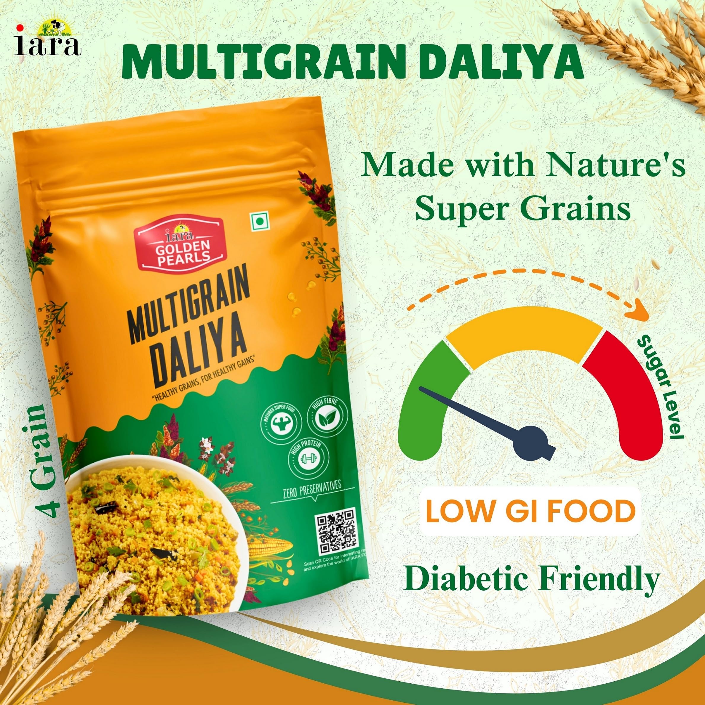 Iara Golden Pearls Multigrain Daliya | Blend of Whole Wheat, Ragi, Hara Chana & Bajara | High in Fiber, Protein & Essential Nutrients | Supports Digestion & Weight Management | Easy to Cook 1