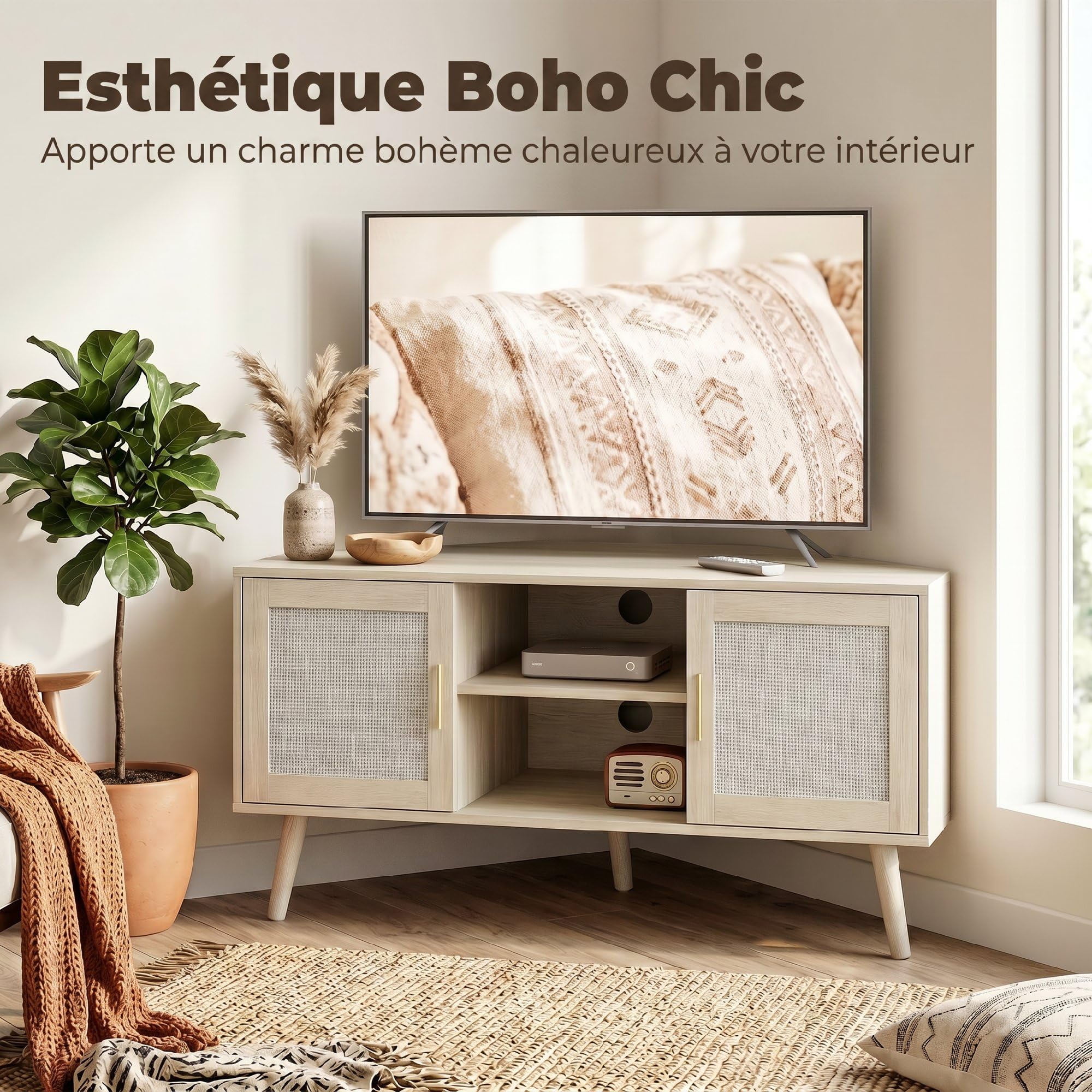 HOMCOM Meuble TV d'angle 115 cm pour Téléviseur jusqu'à 65 Pouces Chêne