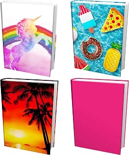 Easy Apply, Reusable Book Covers 4 Pk. Best Jumbo 9x11 Textbook Jackets for Back to School. Stretchable to Fit Most Large Hardcover Books. Perfect Fun, Washable Designs for Girls, Boys, Kids and Teens