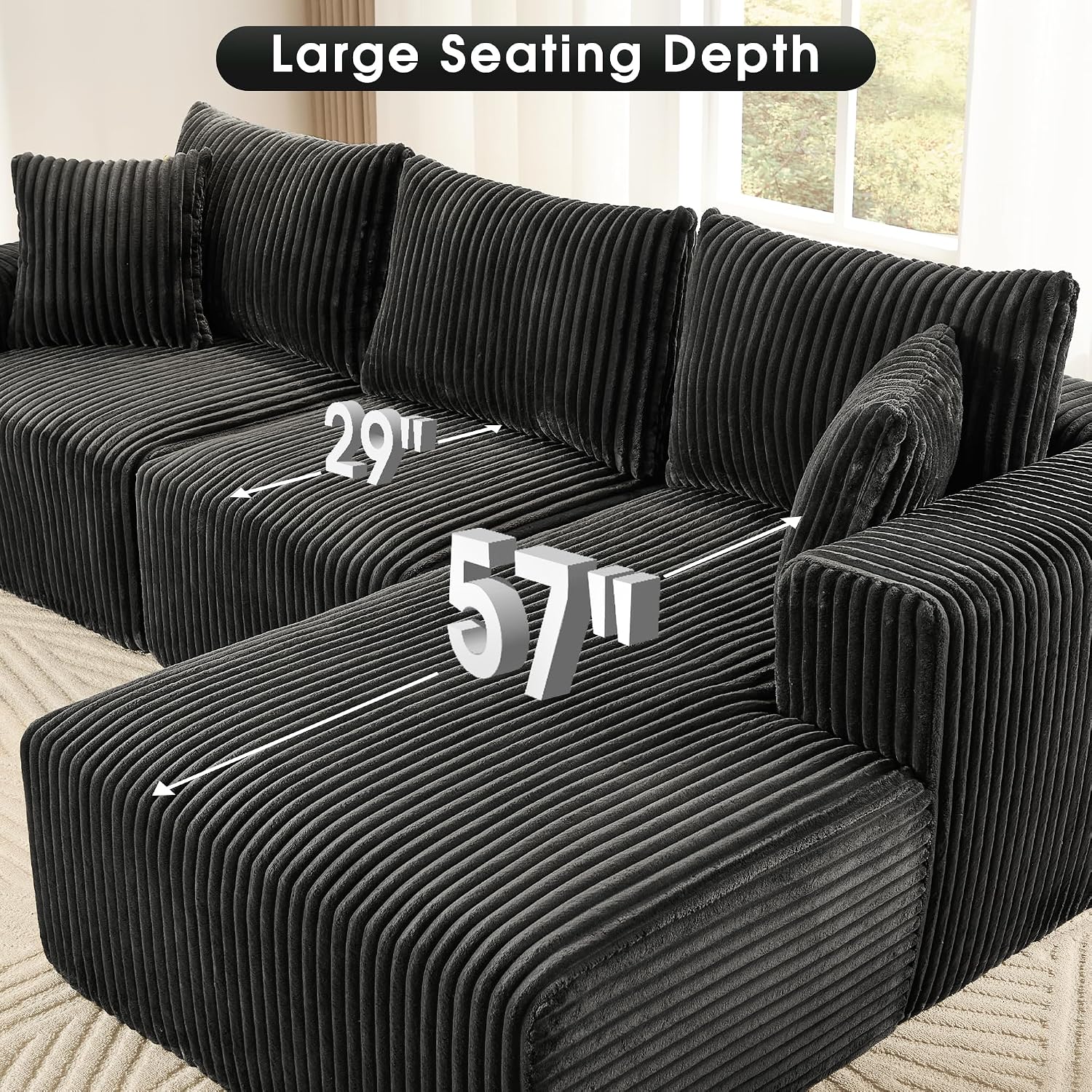 Cloud Modular Sofa with L-Shape Chaise Modern Sectional Plush Corduroy Black