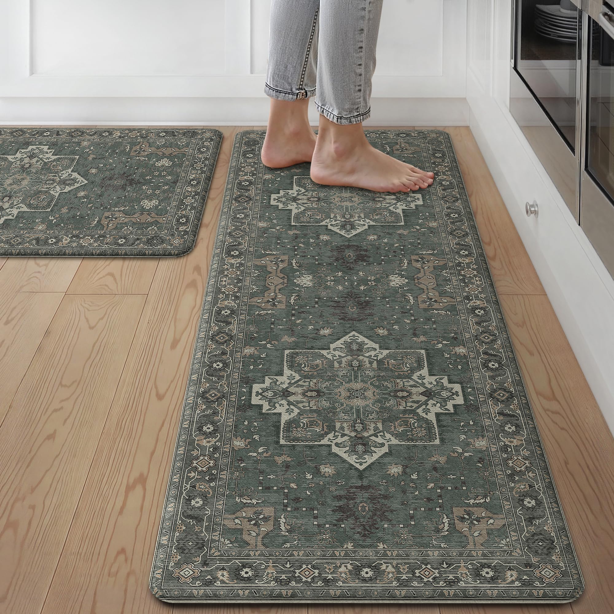 GENIMO Anti Fatigue Kitchen Mats for Floor 2PCS, Standing Rugs,PineGreen