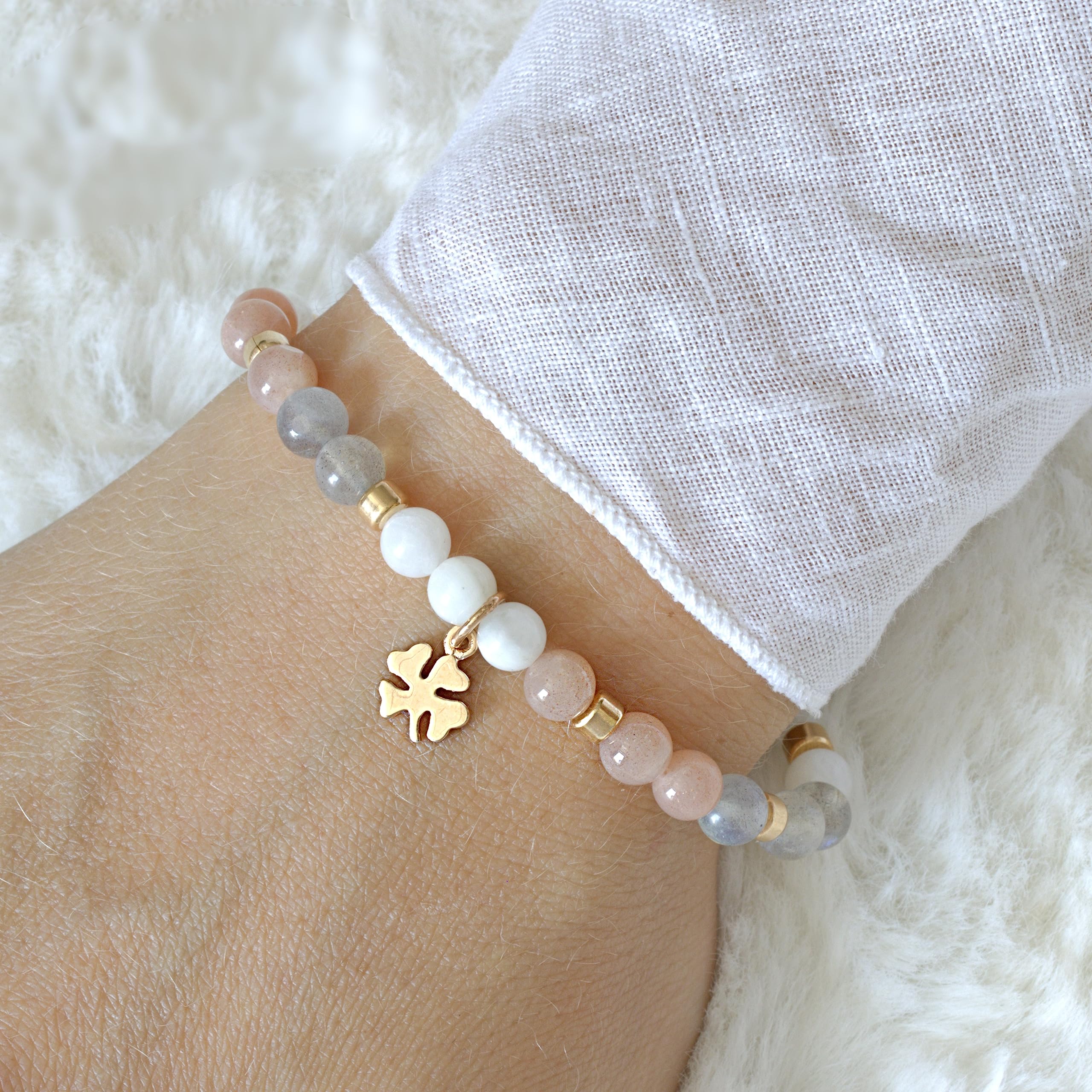 Glücksarmband Damen Moonlight mit Kleeblatt, Glücksbringer-Geschenk, Talisman, Silber, Gold- oder Rosègold plattiert