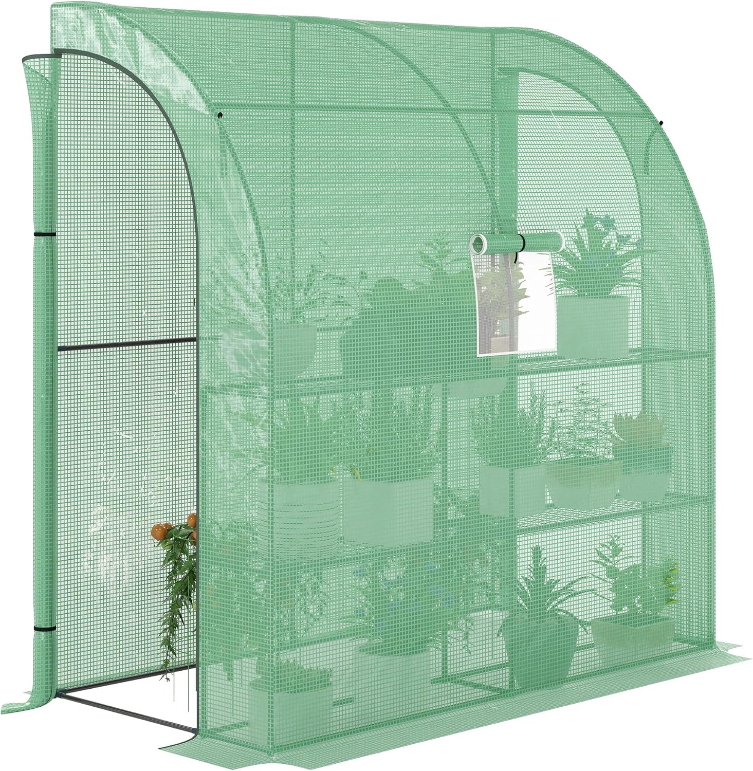 Outsunny 7' x 3' x 7' Lean to Greenhouse, Walk-in Green House, Plant Nursery with 2 Roll-up Doors and Windows, PE Cover and 3 Wire Shelves, Green