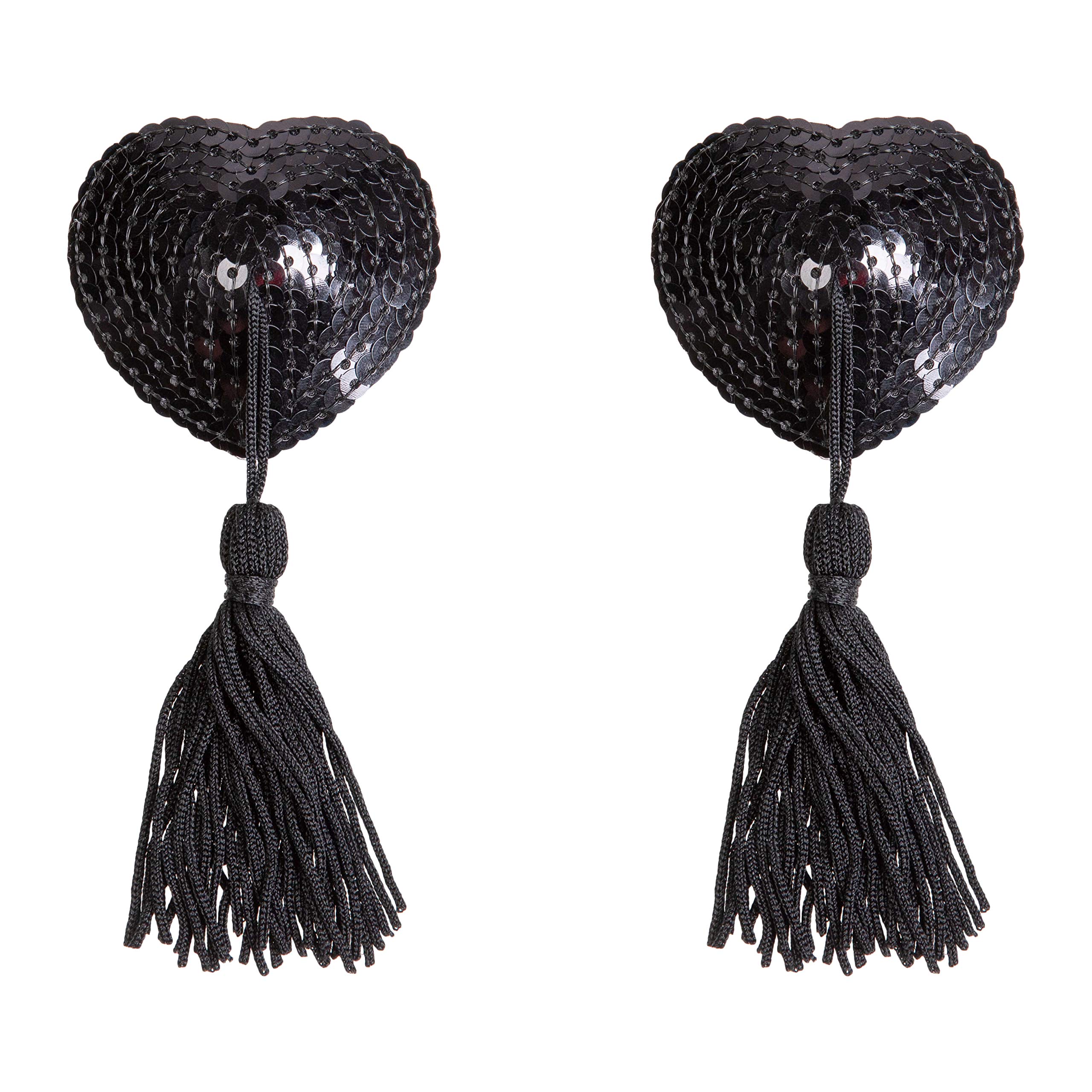 Bye Bra Tassel Nipple Covers Self-Adhesive Breast Petals For Women Sequin Heart Shape Pasties Reusable in Black, One Size