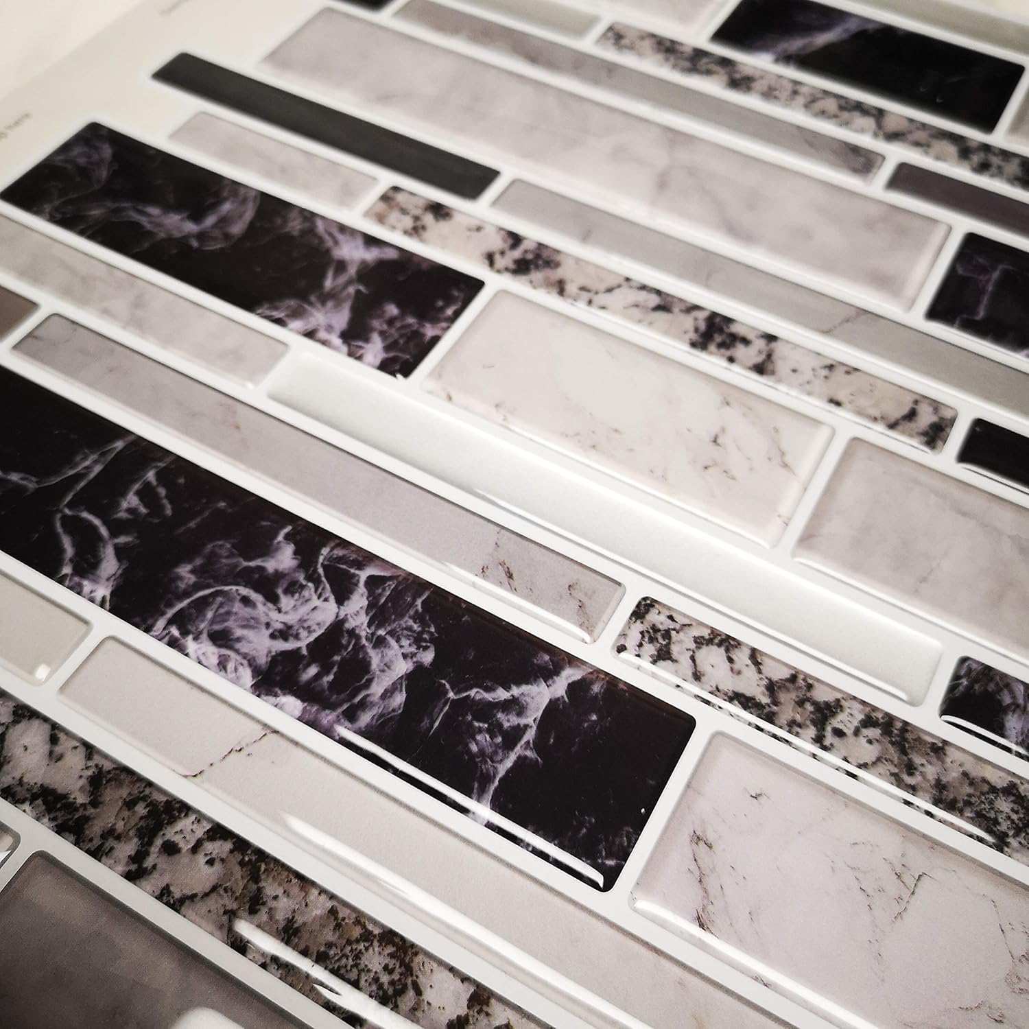 Subway Tile Peel and Stick (Faux Marble Tile) Backsplash for Kitchen, Bathroom, Car Camper, Wall Accents - Sticker Vinyl, Quick Tile, Smart Tile (Oblong Marble Black White Grey, 10pc/Pack)