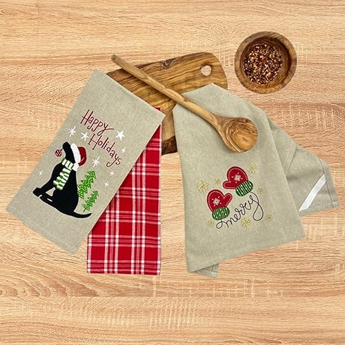 Vista 204 de Serafina Home Toallas de cocina navideñas navideñas: dos muñecos de nieve Be Jolly espiga y un muñeco de nieve bailarín, 3 piezas, tejido plano 100%