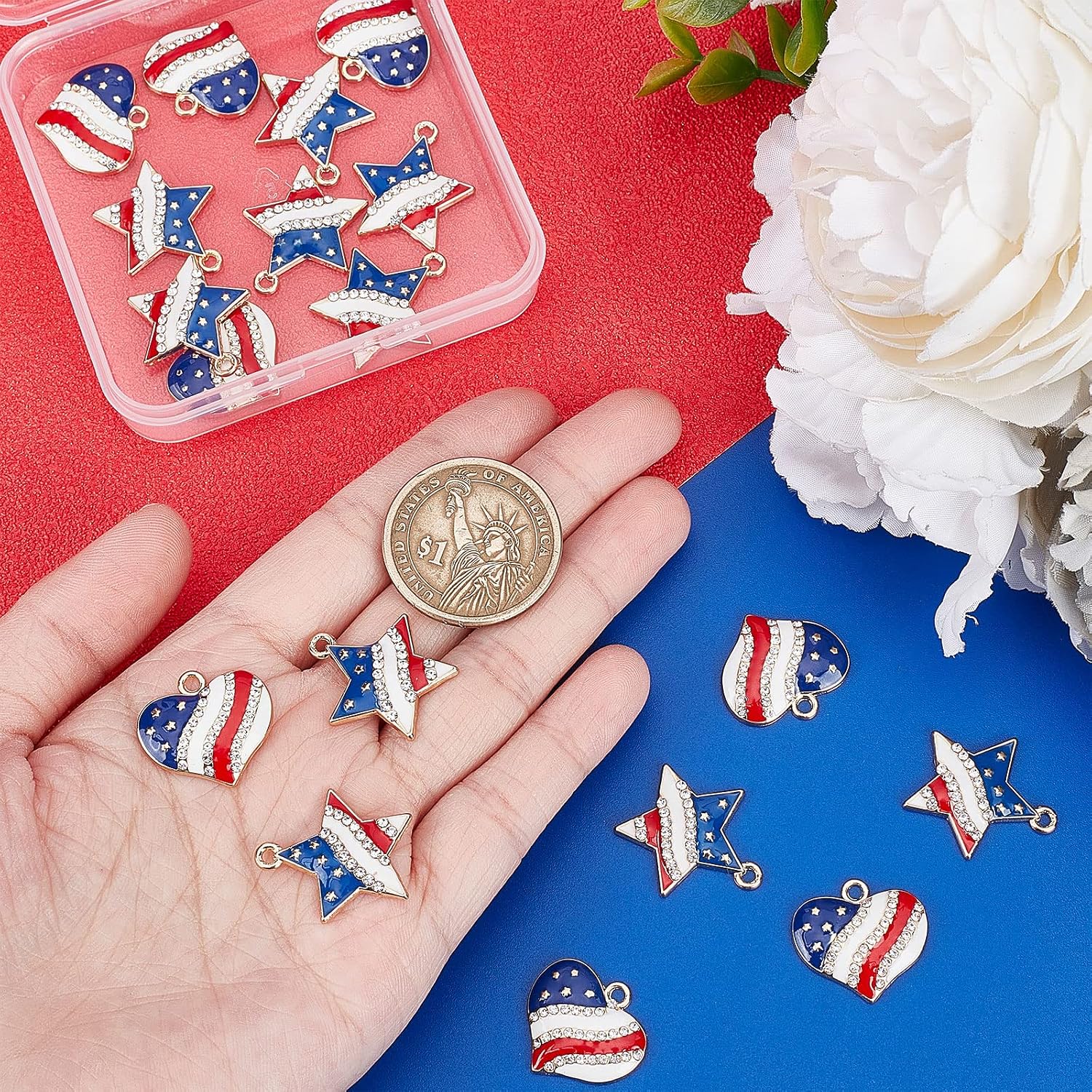 SUNNYCLUE America Flag USA Patriotic Independence Day 4th of July Rhinestone Love Heart Star Charms for Jewelry Making Necklace Bracelets Earrings Women DIY Crafts (20 Pieces)