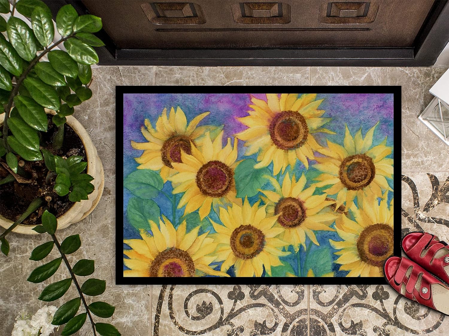 Caroline's Treasures IBD0247JMAT Sunflowers and Purple Doormat 24x36 Front Door Mat Indoor Outdoor Rugs for Entryway, Non Slip Washable Low Pile, 24H X 36W