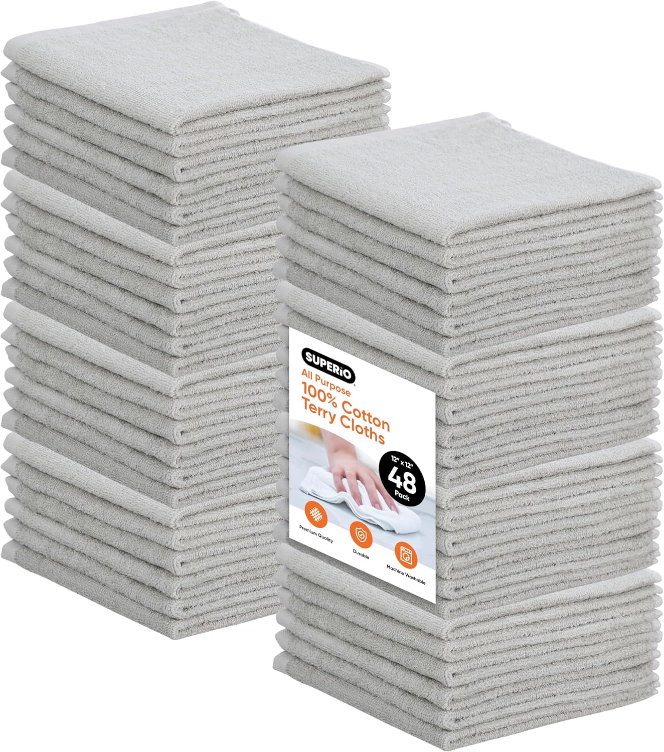 Superio Cotton Terry Washcloths Grey Towels 100% Cotton Cleaning Cloth Rags Wash Clothes for Body and Face, Spa Towels, Multi Purpose (12"x12"), 48 Pack