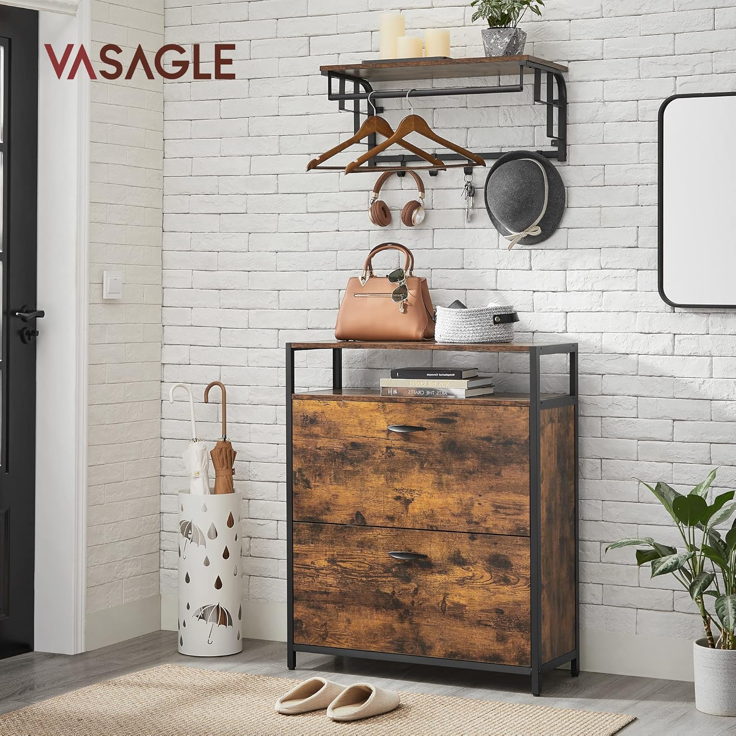 VASAGLE shoe cabinet in a hallway setting with a coat rack and umbrella stand.