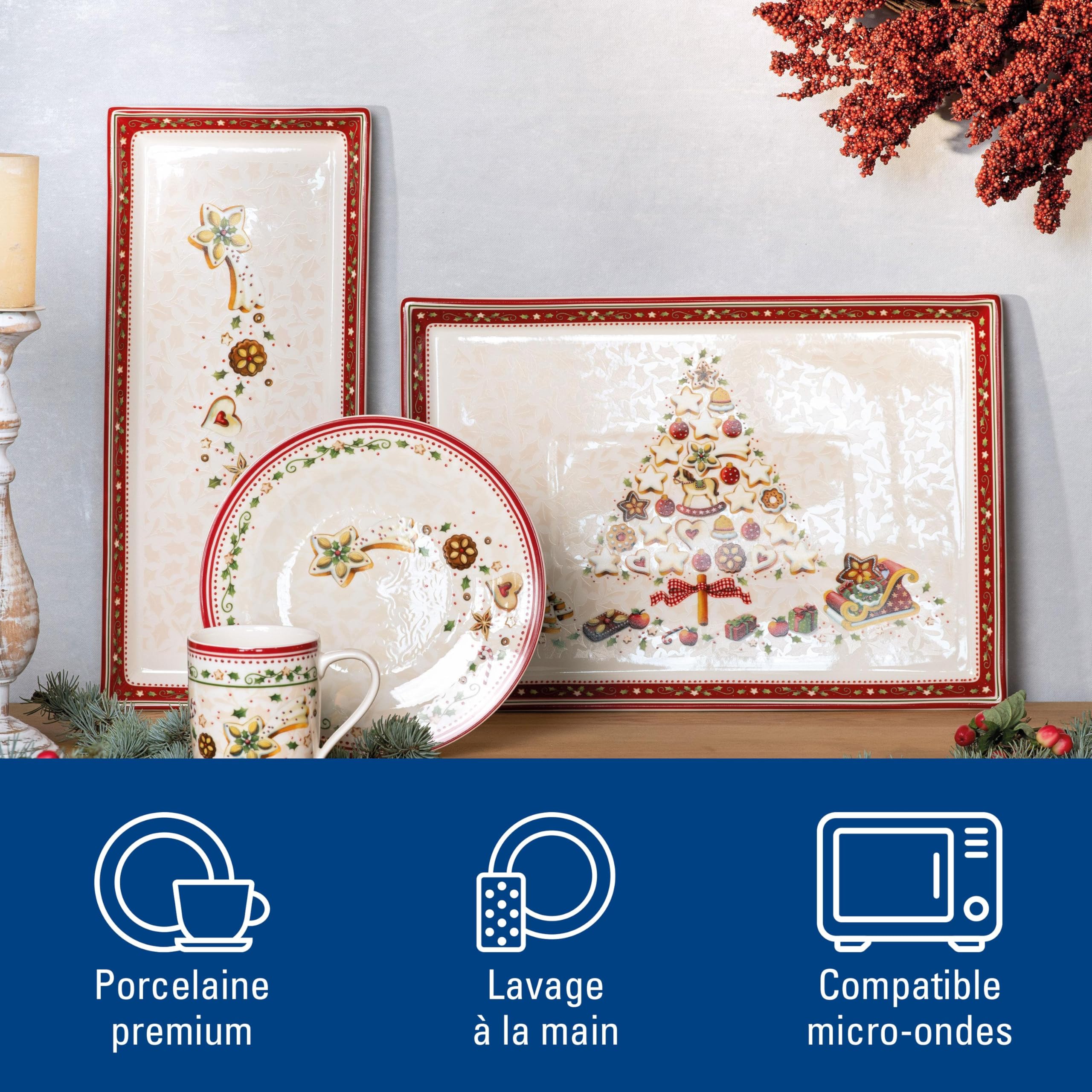 Villeroy & Boch Winter Bakery Delight Plat à gâteau rectangle, Porcelaine Premium, Blanc/Rouge/Beige