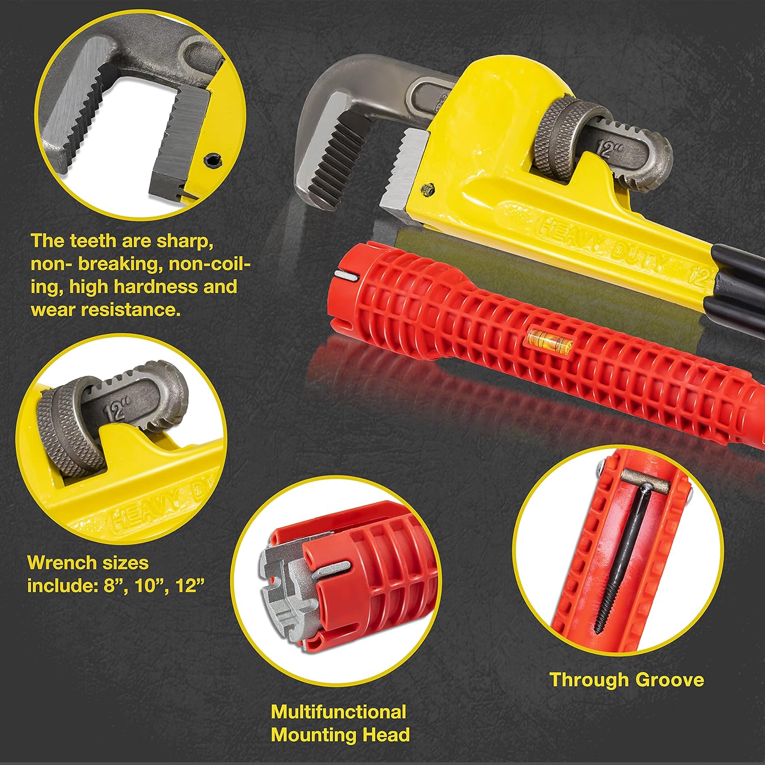 KOTTO Heavy Duty Adjustable Pipe Wrench Set - 3 Pack (8, 10, 12 Inches) Plumbing Wrench Tool with Faucet Pipe Tool in Storage Case