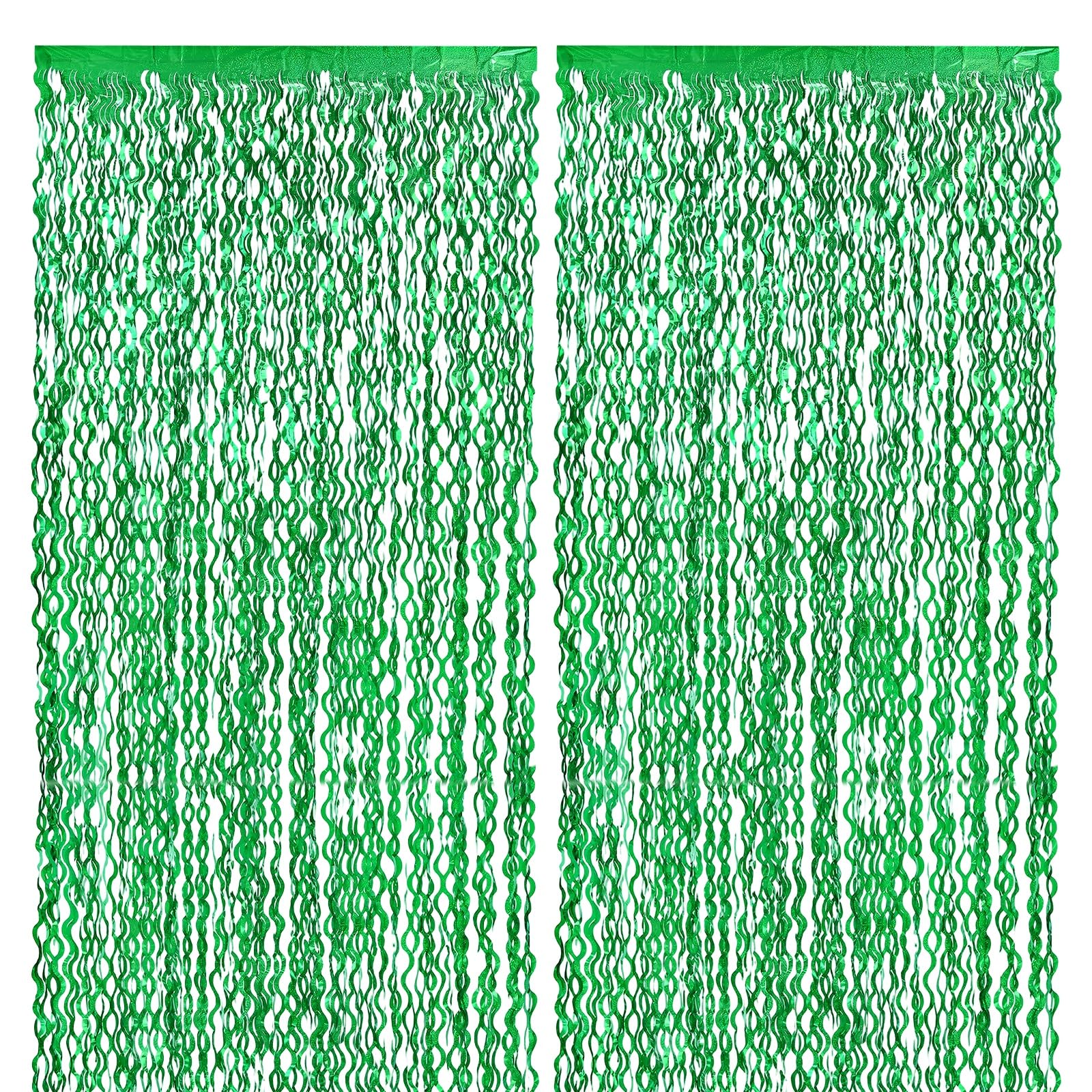 M METERXITY 2-Pack Shiny Wave Tinsel Foil Fringe Curtain 3.3x6.6 ft Metallic Streamers Green Holiday Photo Booth Props Backdrop for Wedding/Birthday/Party/Christmas/Anniversary