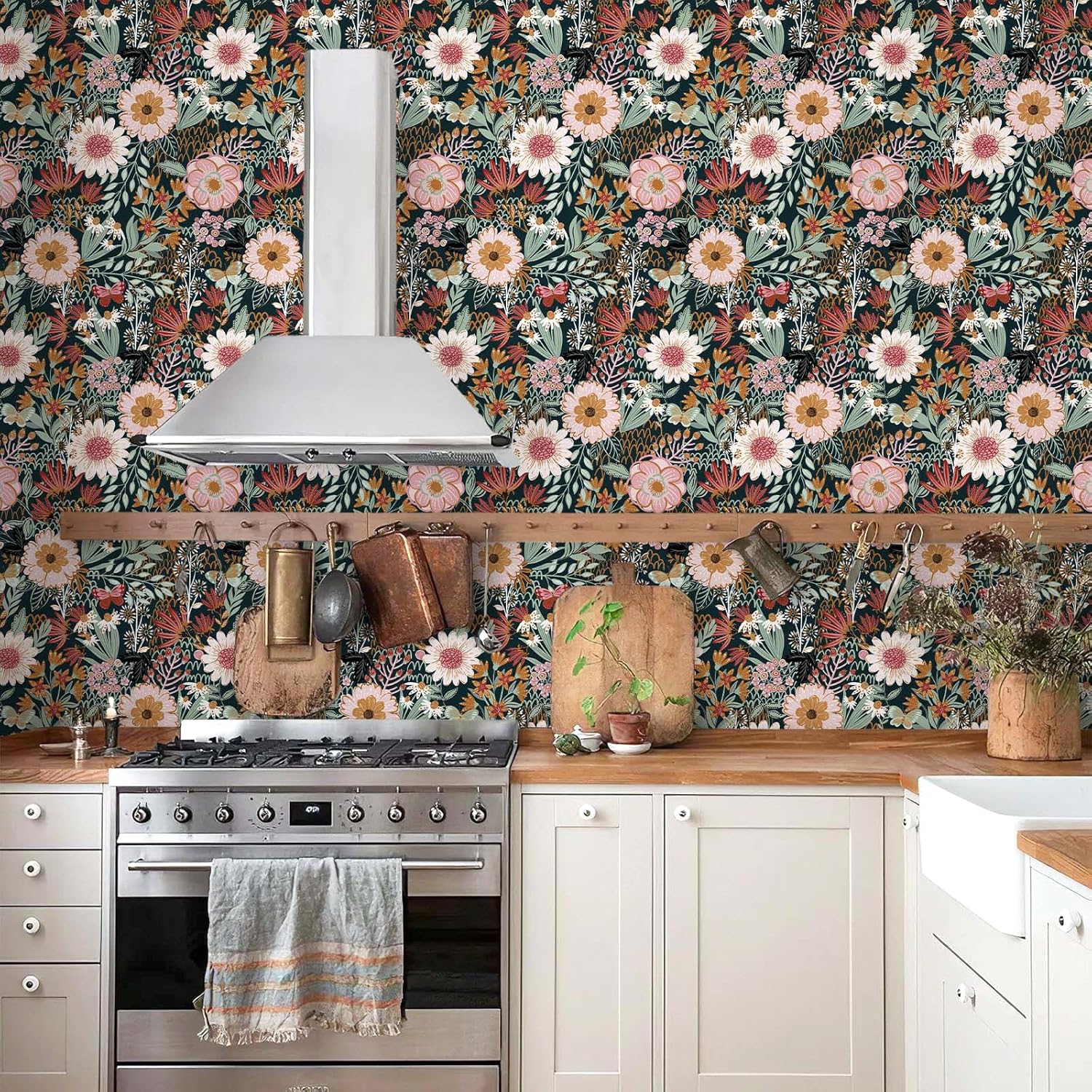 Sevalo Floral Peel and Stick Wallpaper Boho Flower Contact Paper for Cabinets and Drawers Botanical Large Floral Wall Paper Self-Adhesive Removable Wallpaper Bedroom Colorful Decor 17.3inW 393inL