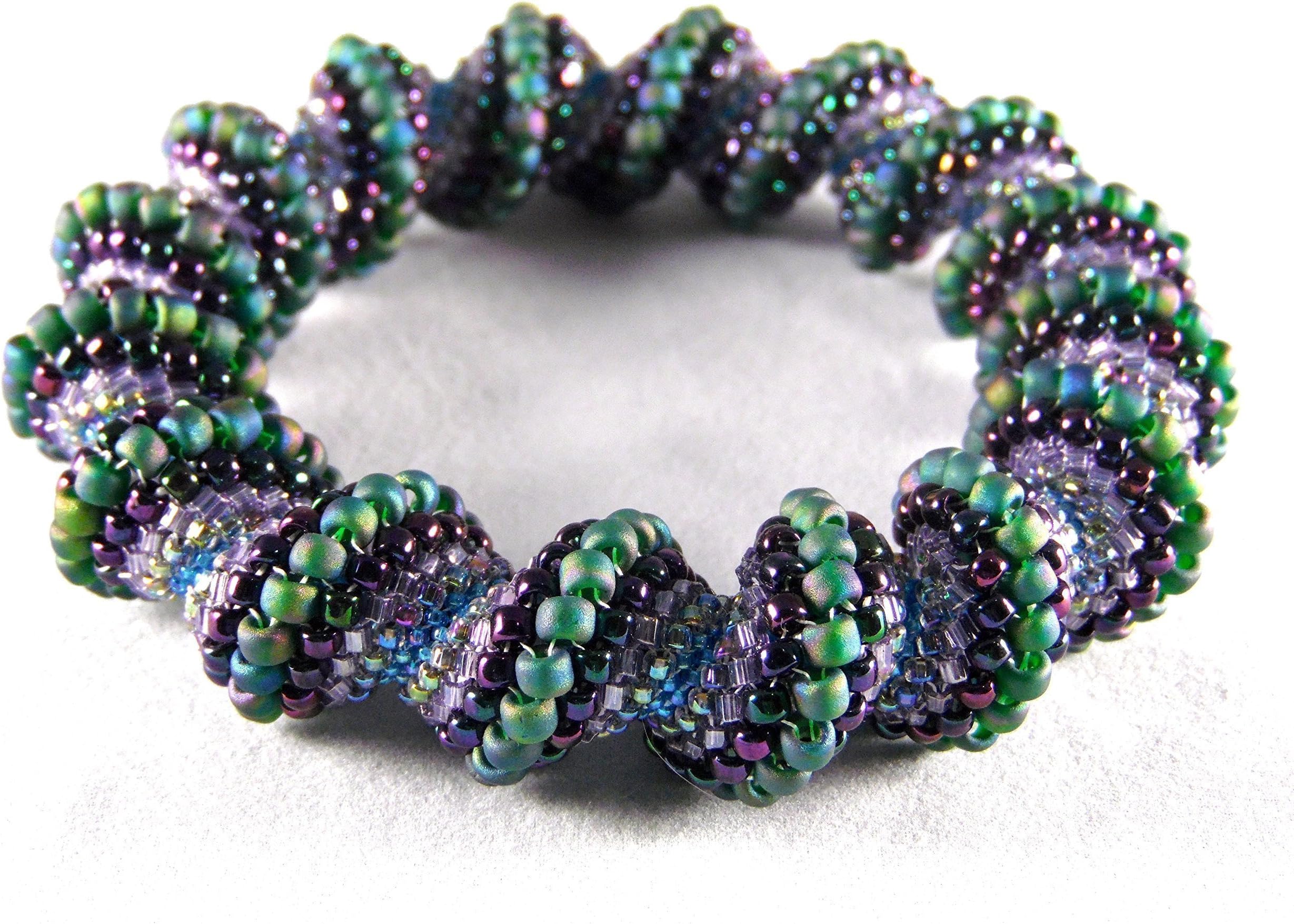 Dark Frosted Peacock Green, Iris Purple & Rainbow Blue Cellini Spiral Beaded Bangle Bracelet
