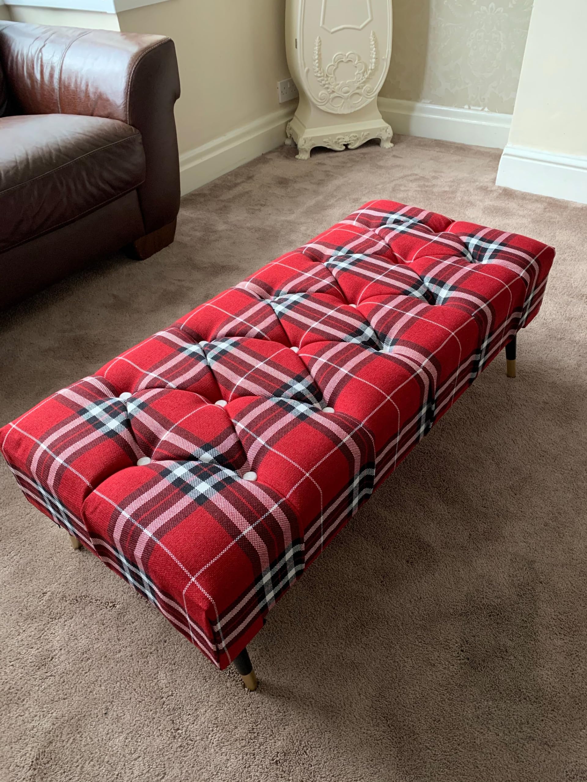 ISTOOLS Fabric Footstools for Living Room - Upholstered Ottoman Bench-Fabric Pouffe Stool Change Shoe Footrest with Attractive Multicolor and Legs (Red & Black Tartan)