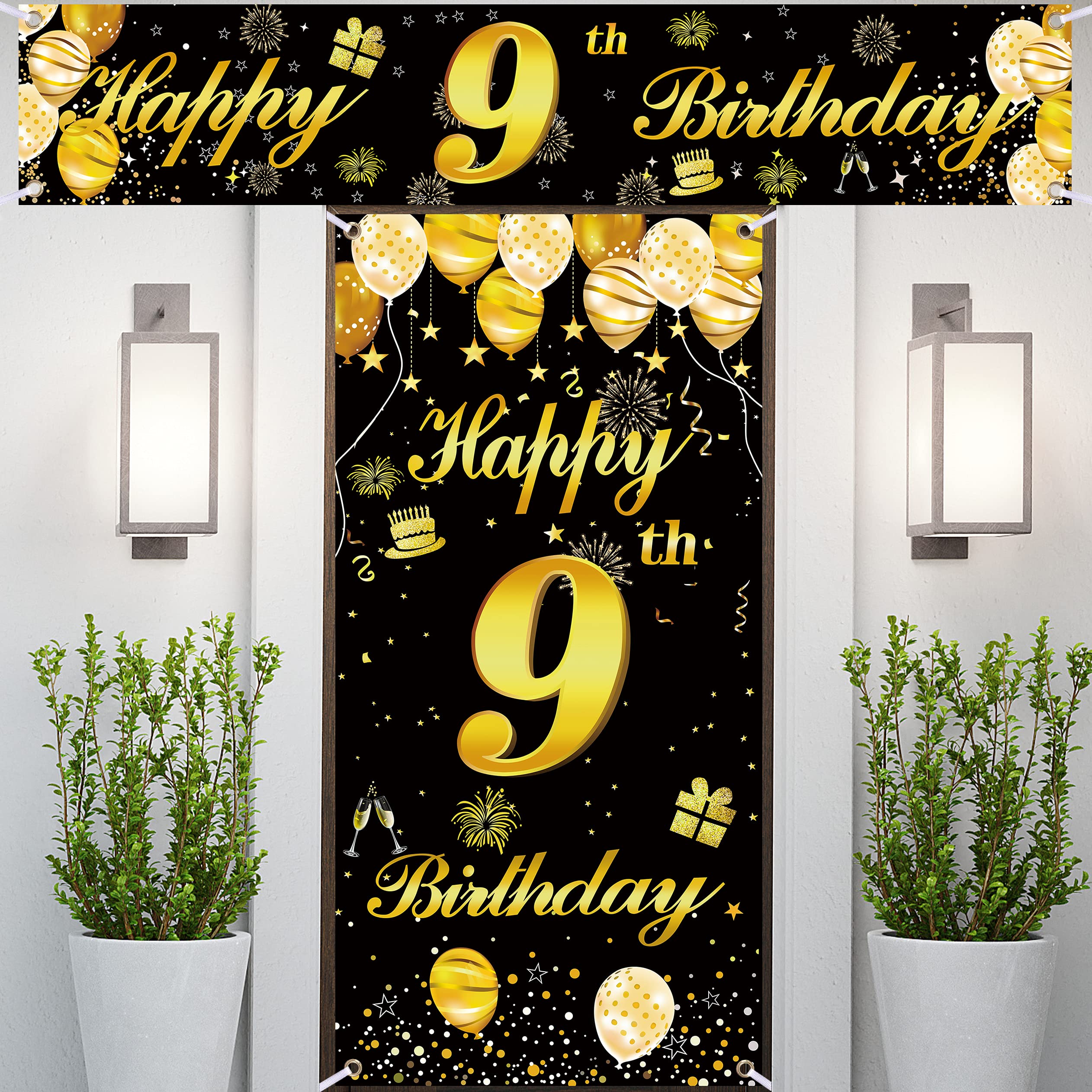 IMISI 9th Birthday Banner - Black & Gold Party Backdrop, 3.77x5.9 Ft, With Hanging String