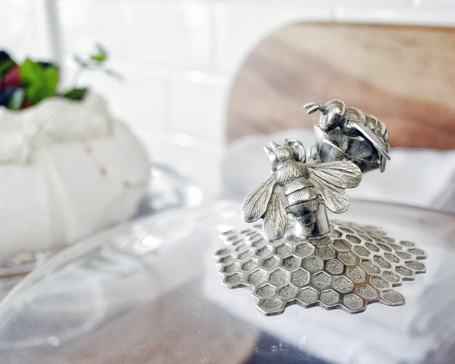 Vagabond House Handblown Glass Cake Dessert Cupcake Stand with Glass Dome Cover with Solid Pewter Honey Bee Knob Handcrafted 13 inch Diameter 4 inch Tall