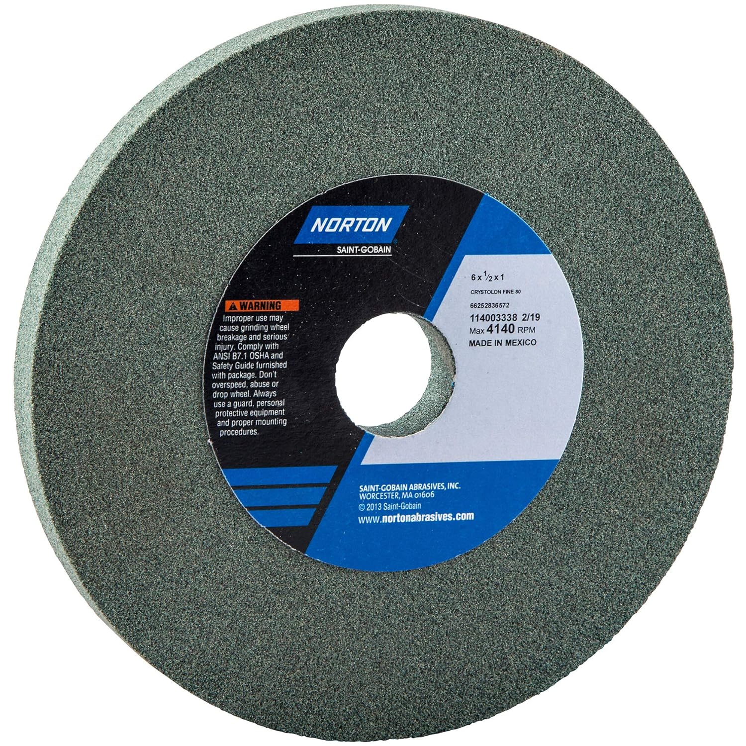 Norton 6" Dia. 1/2" Thick 1" Hole Size 80 Grit Green Silicon Carbide Fine Hardness Type 1 Bench & Pedestal Grinding Wheel
