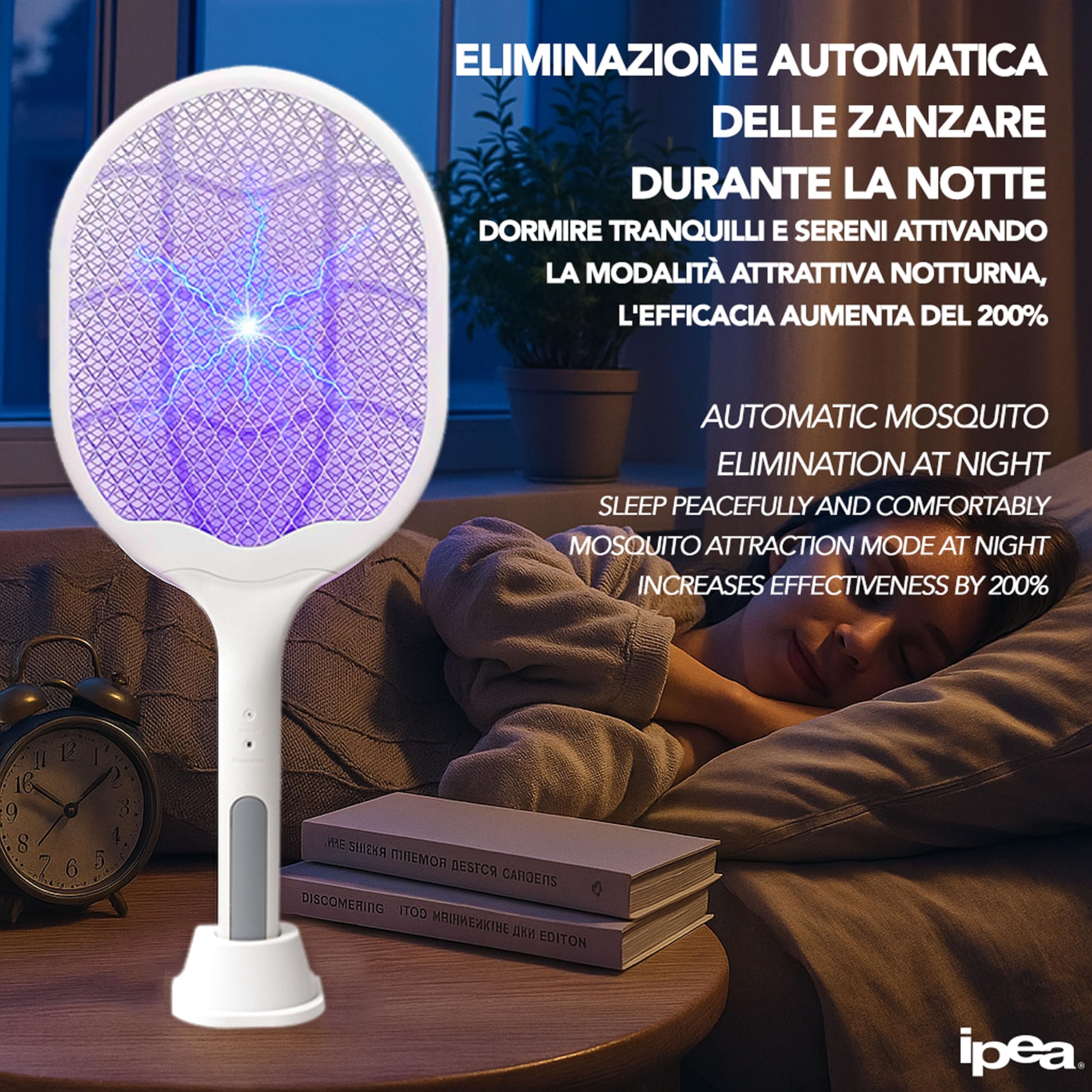 IPEA Racchetta Zanzare Elettrica Ricaricabile USB-C 2 in 1 3000V 1200 mAh