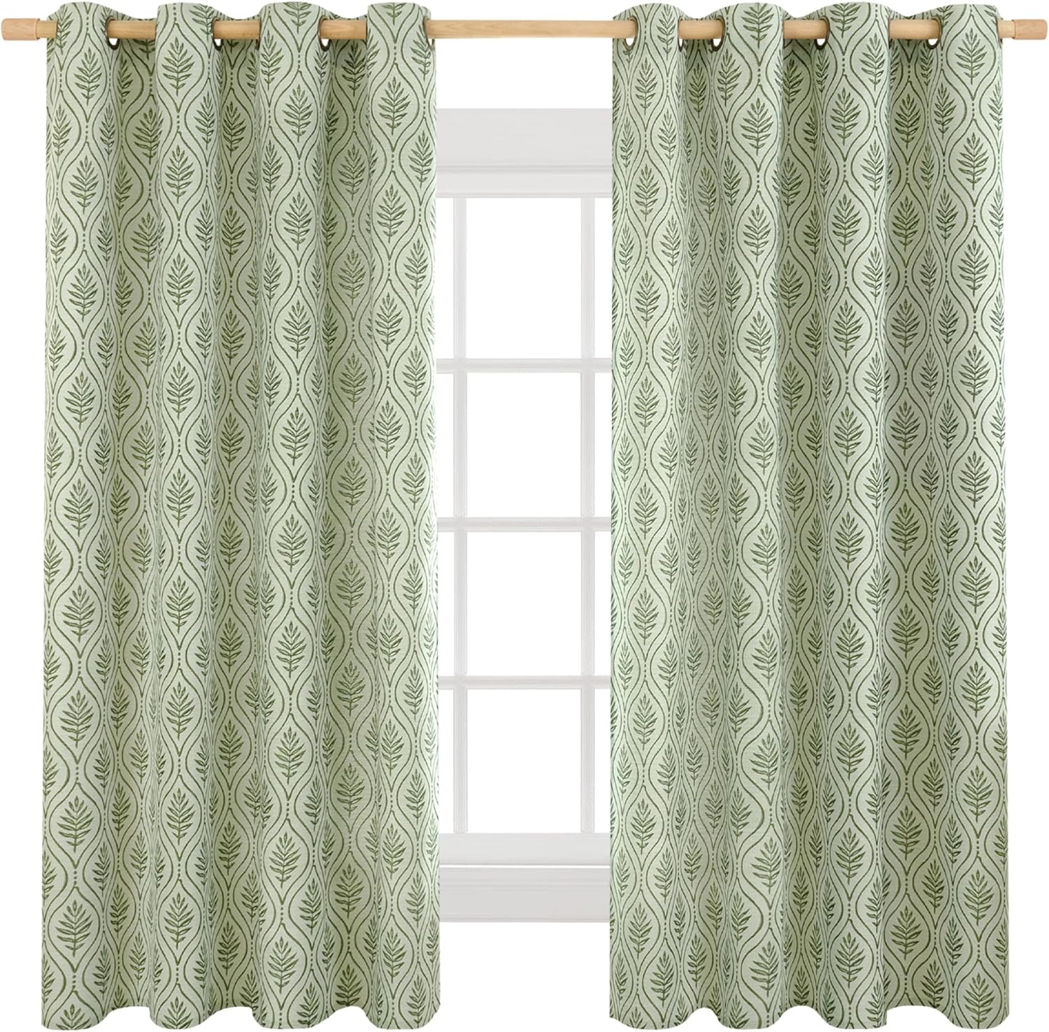 BGment Olive Green French Country Curtains 63 Inches Long for Bedroom, Leaf Jacquard Botanical Pattern Cottage Core Boho Vintage Semi Sheer Linen Window Drapes, 2 Panels, 52 x 63 Inch