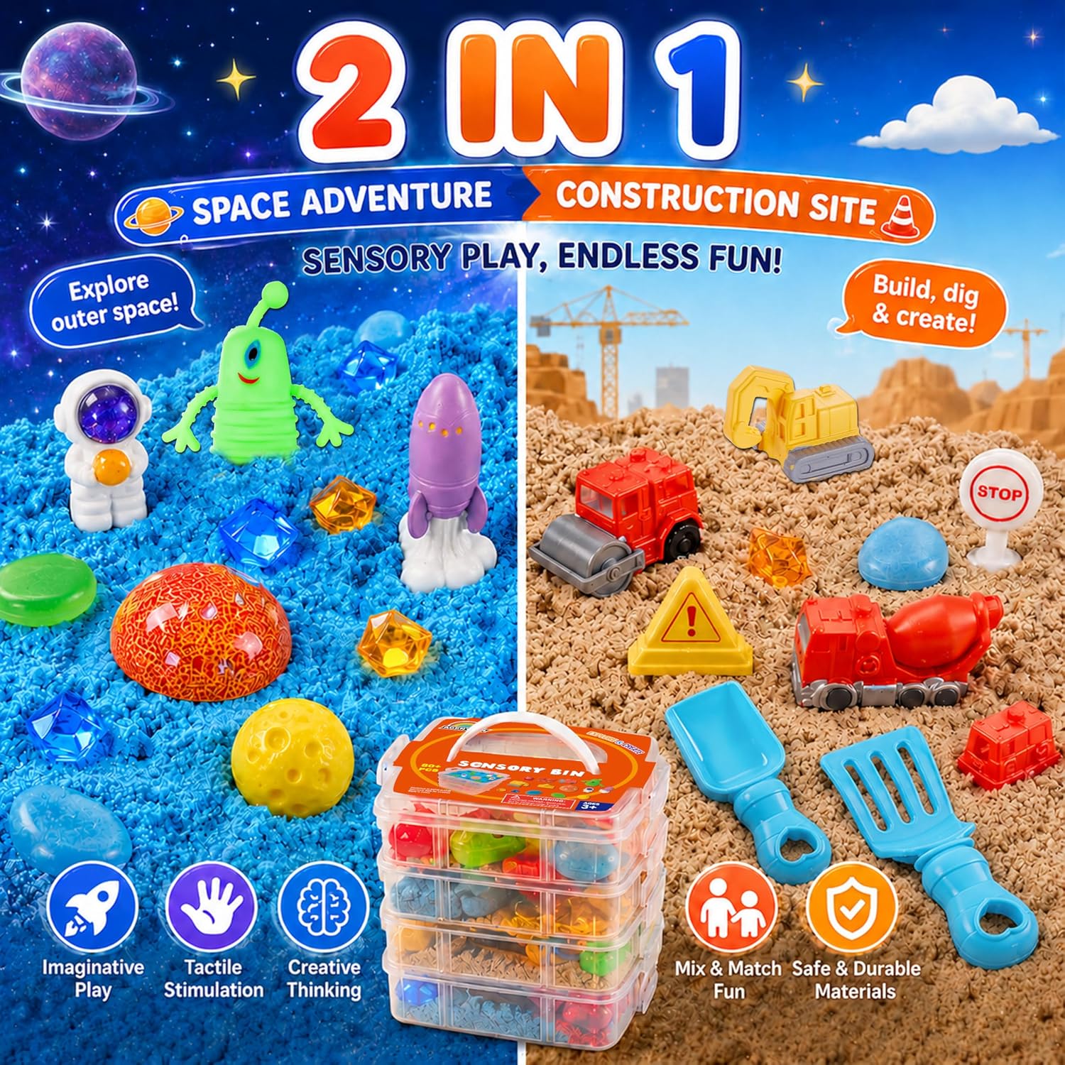 AGENTLAN Stackable Sensory Bin, Construction & Space Sensory Sand Play Set | Construction and space themes play sand kit, gift for toddlers, boys and girls ages 3+