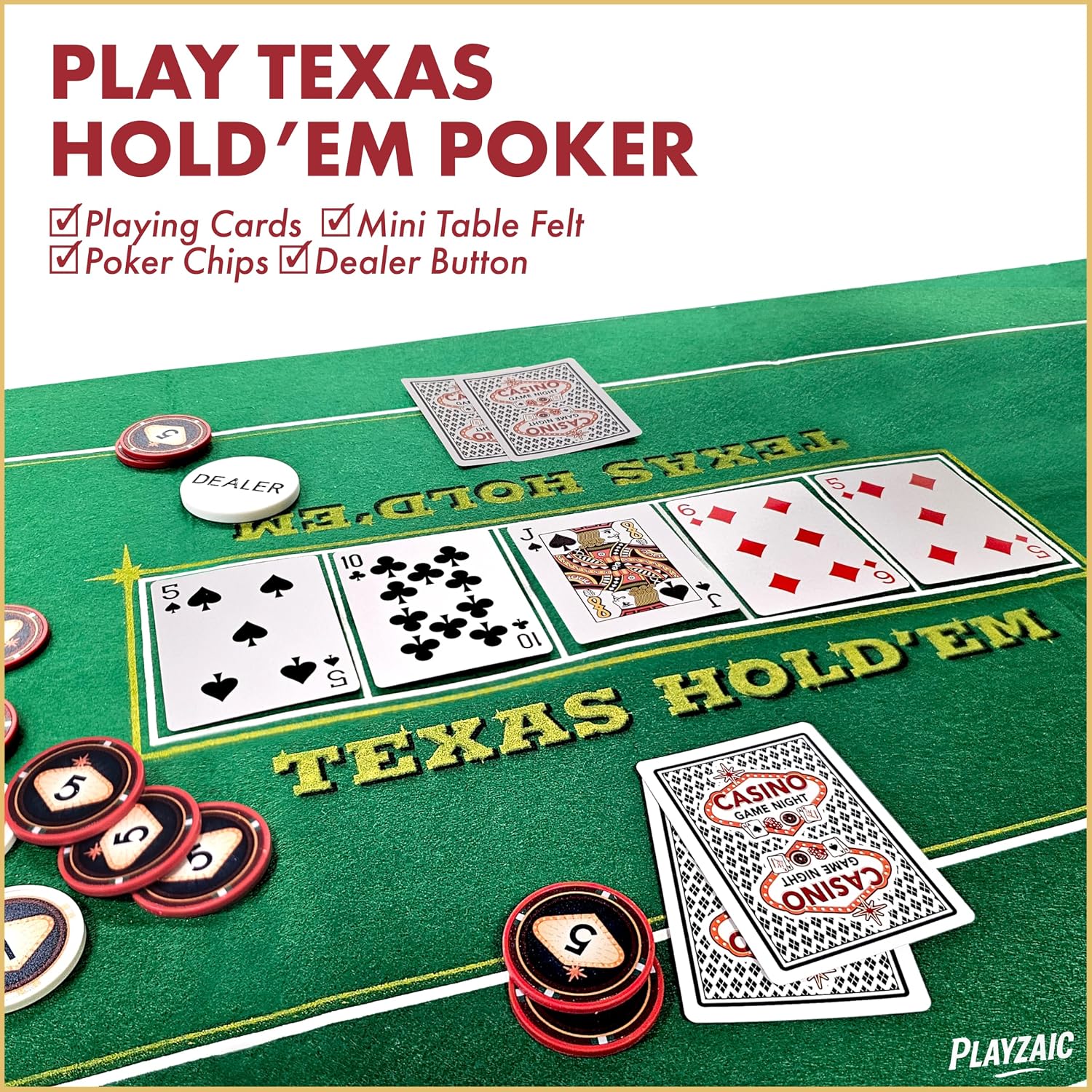 Casino Game Night, 4-in-1 Set, Poker, Craps, Roulette, Blackjack | Two 18x36in Double-Sided Felts | 10in Roulette Wheel | 100 Chips & Tray | 2 Card Decks | Dealer Stick & Buttons