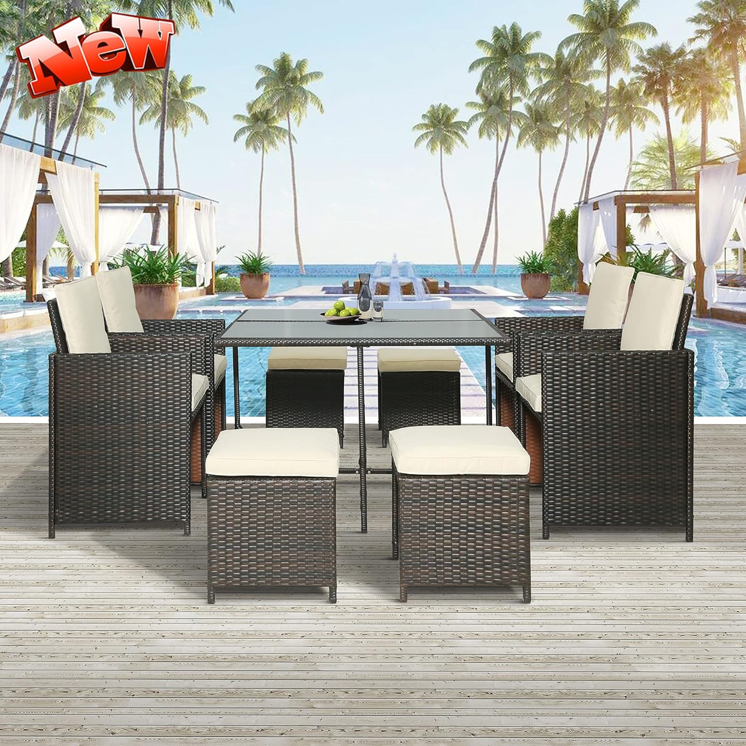 Luxurious 9 Pcs Outdoor Rattan Wicker Patio Dining Table Set, Conversation Set with Cushions, Patio Furniture Sets for Backyard Poolside Balcony, 4 Armchairs and 1 Glass Table and 4 Stools, Onesize