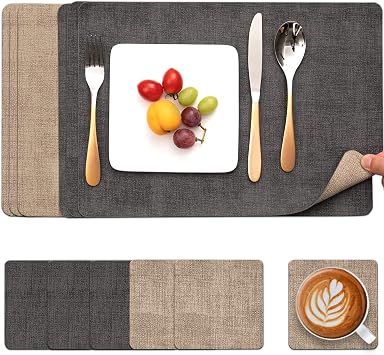 Myir JUN Placemats and Coasters Set of 6 Dual Sided Faux Leather Table Mats | Heat Resistant Washable Place Mats Non Slip Waterproof PU Leather Placemat for Dining Table Indoor Outdoor Grey Beige