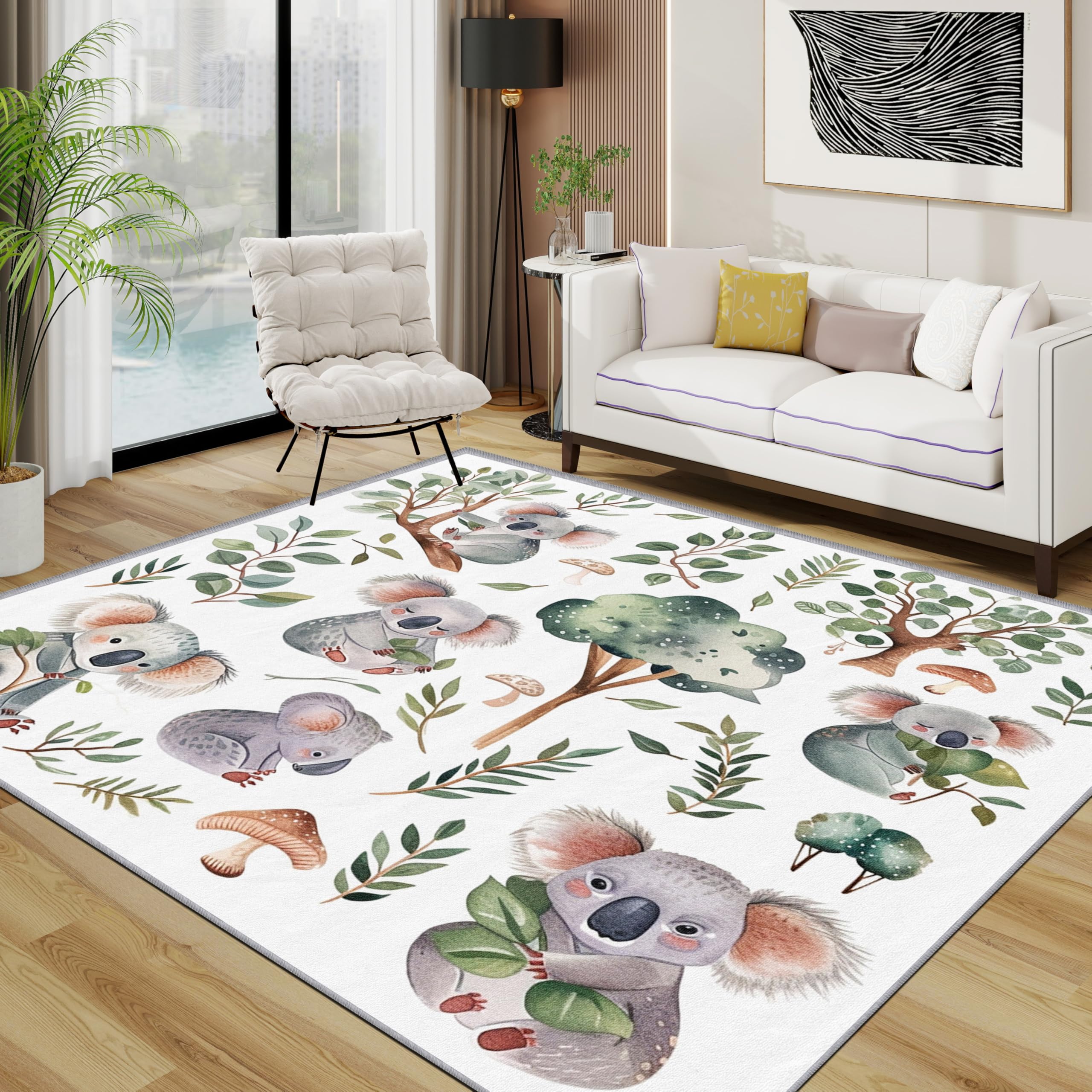 Koala Area Rugs for Living Room 120x120 - Cute Forest Wild Animal Rug for Bedroom, Nature Themed Kids Non Slip Washable Short Pile Carpet, Koala Room Decor