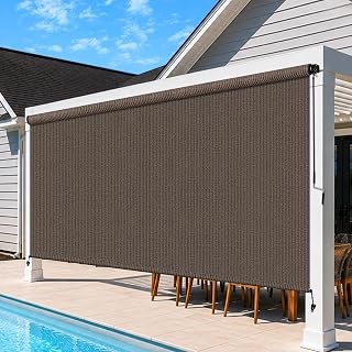 Outdoor Roller Shades for Patio, 10' W x 8' H Cordless Patio Shades Roll Up Outdoor Blinds with Splicing Design, 90% UV Protection for Porch Gazebo Pergola, Mocha