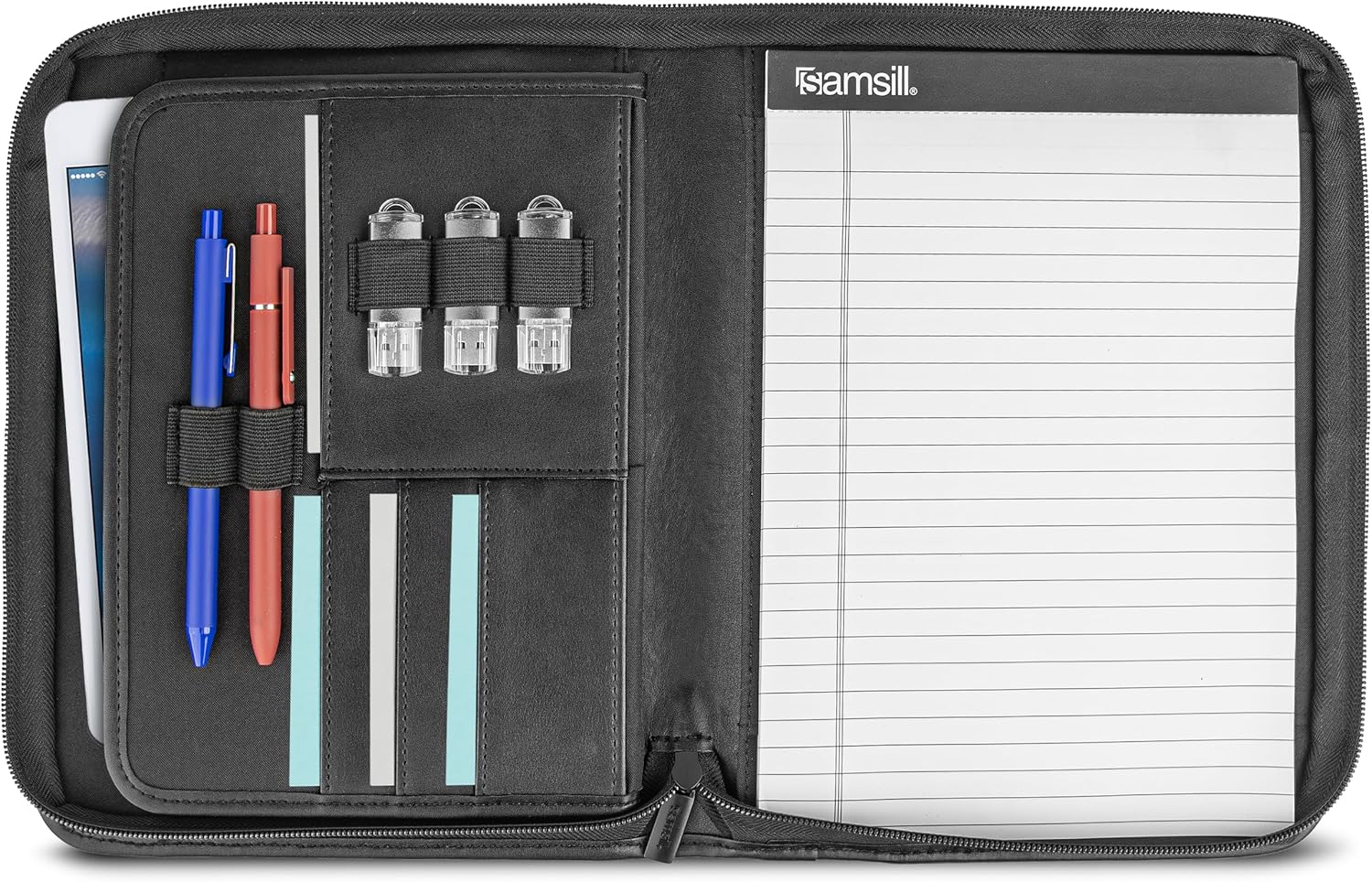Samsill Professional Padfolio, Faux Leather Junior Portfolio with Zipper, 10.1 Inch Tablet Sleeve, with 7 x 10 Inch Notepad, Black