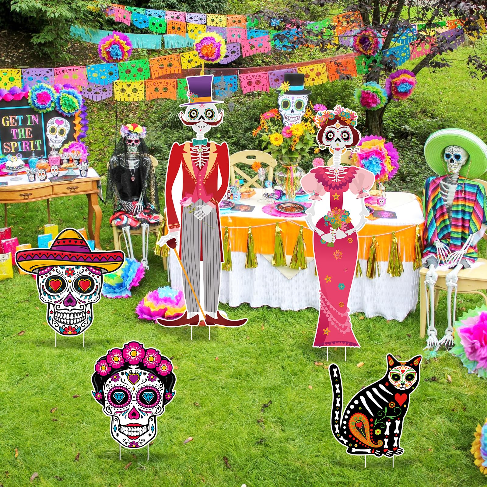 Tag Der Toten Hofschild Mit H-Pfahl, Dia De Los Muertos Garten-Deko - Bunt, Wasserdicht, 63x41 Cm