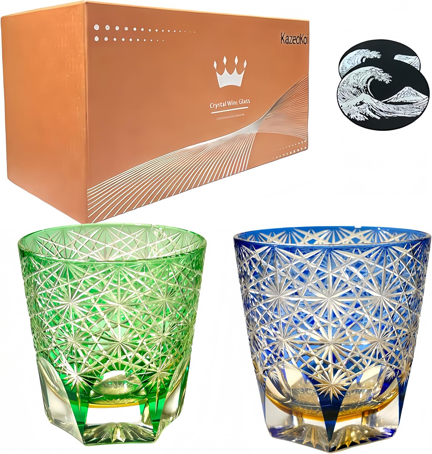 KazeoKoi Japanese Edo Kiriko Crystal Whiskey Glass, Turquoise And Blue, Hand-Cut Whiskey Glass, 320ml Old Fashioned Glass with Coaster，set of 2