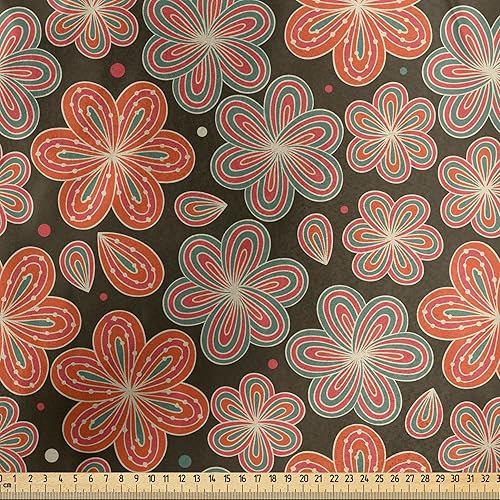 Miniatura 2 de Ambesonne Flower Fabric by The Yard, Ornamental Spring Season Blooms with Dotted Background Abstract Antique Pattern, Decorative Satin Fabric for