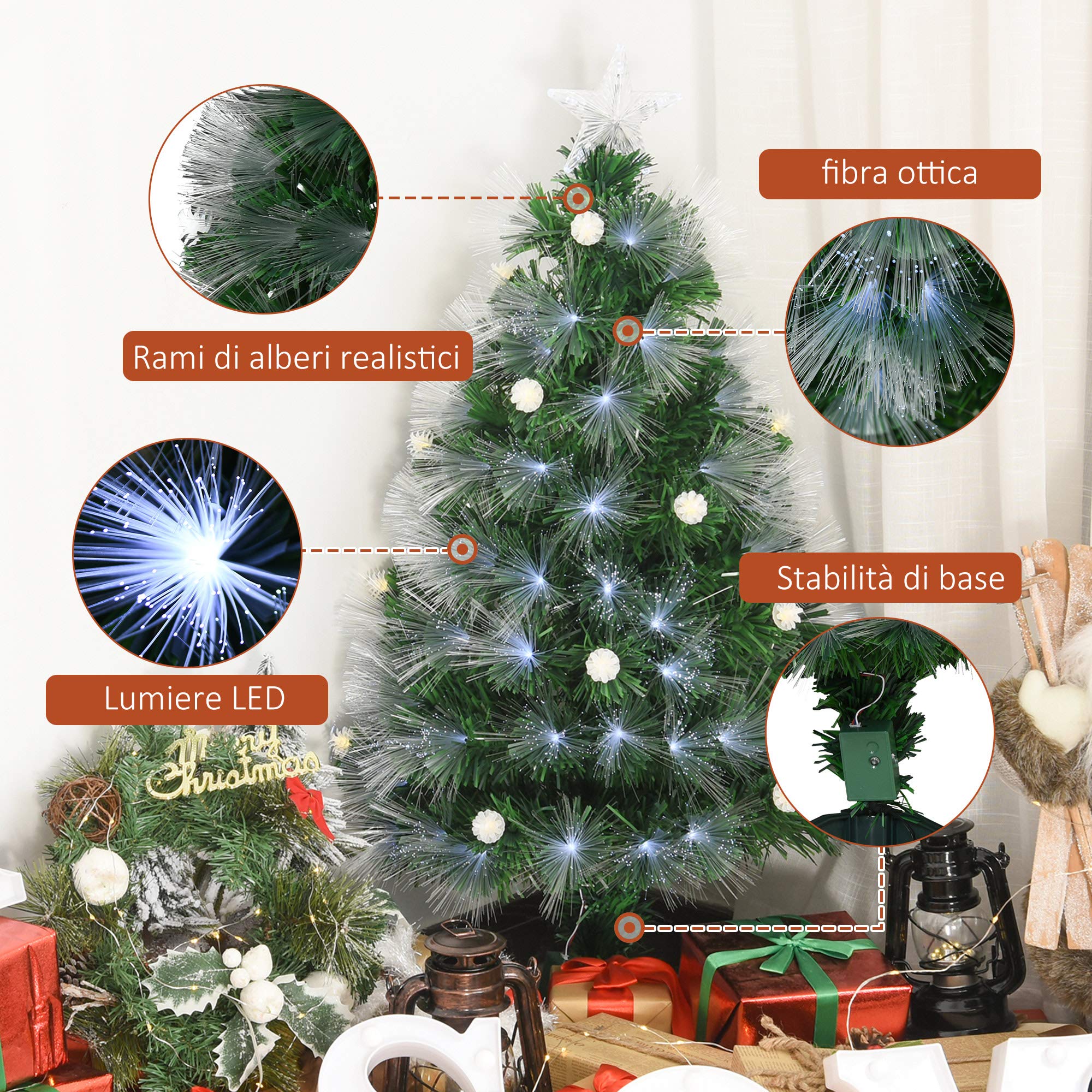 HOMCOM Albero di Natale Artificiale 90cm con Luci Incorporate e 90 Rami, Albero di Natale con Luci a LED e Fibre Ottiche, Base Pieghevole Rimovibile