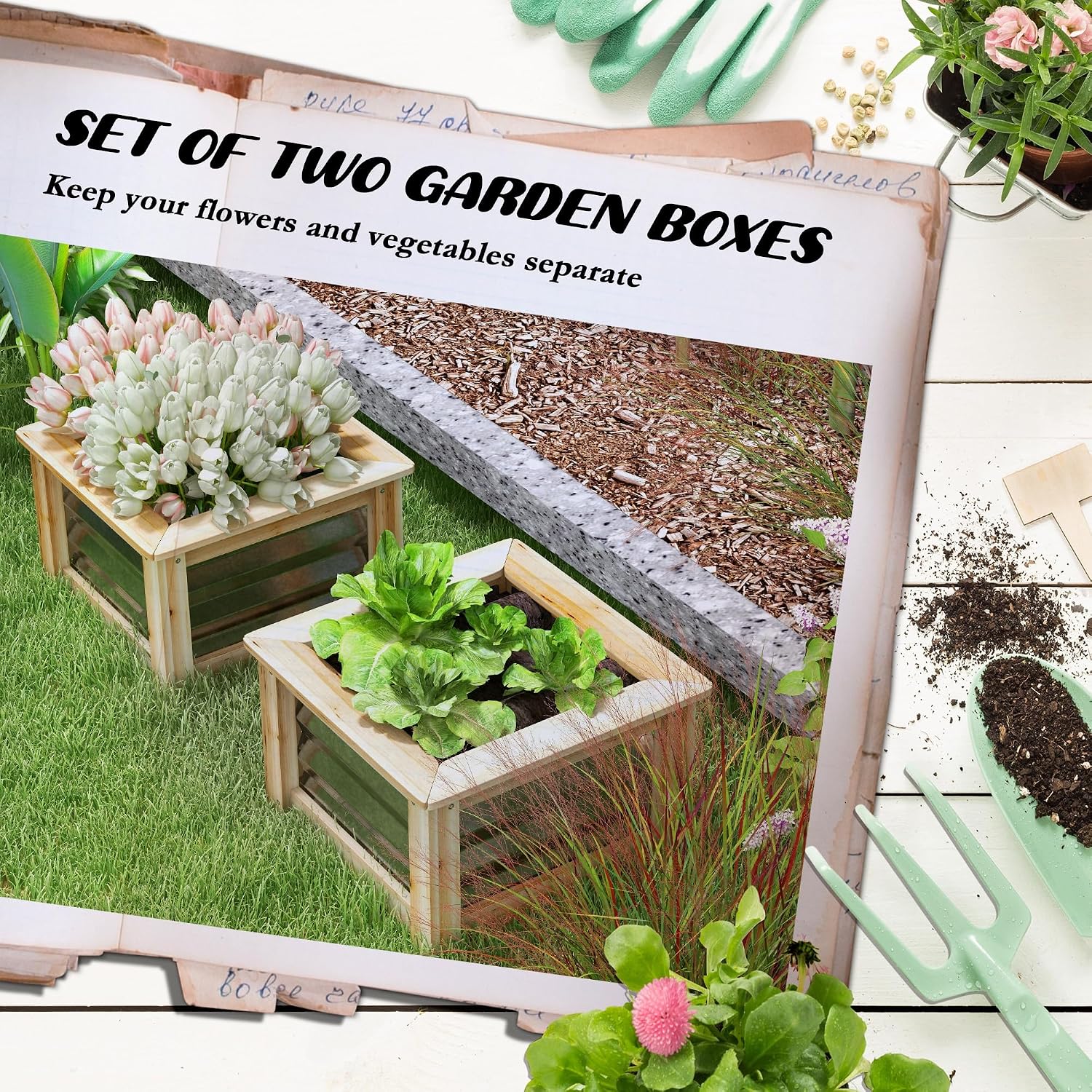 Raised Garden Bed Set of 2, Outdoor Planter Box, Galvanized Metal Reinforced with Wood, Stock Tanks for Growing Flowers,s and Vegetables