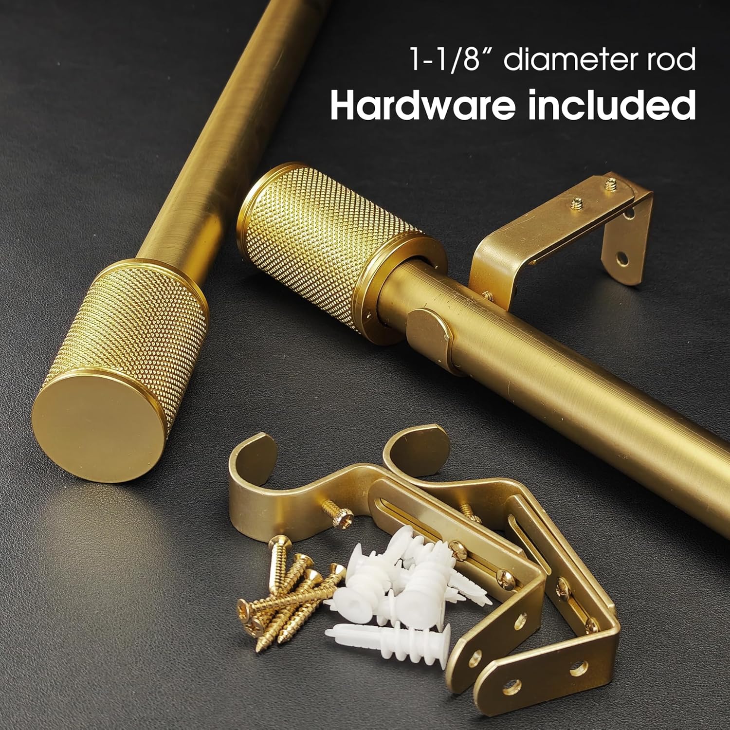 1-1/8 Inch Diameter Gold Curtain Rods with Knurl-look Finial, 72-144'' Telescoping Single Curtain Rods for window width 68-140 inch, 1 pack