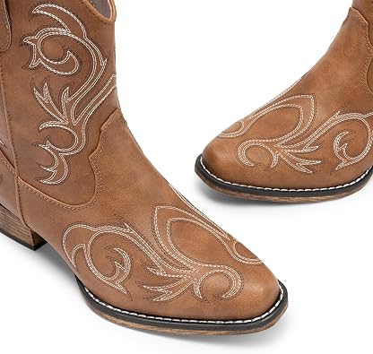 DREAM PAIRS Women's Western Ankle Boots Cowboy | Square Toe Chunky Embroidered Boots, Suitable for Music Festivals and Everyday Outfits, Fashion Booties with Zipper